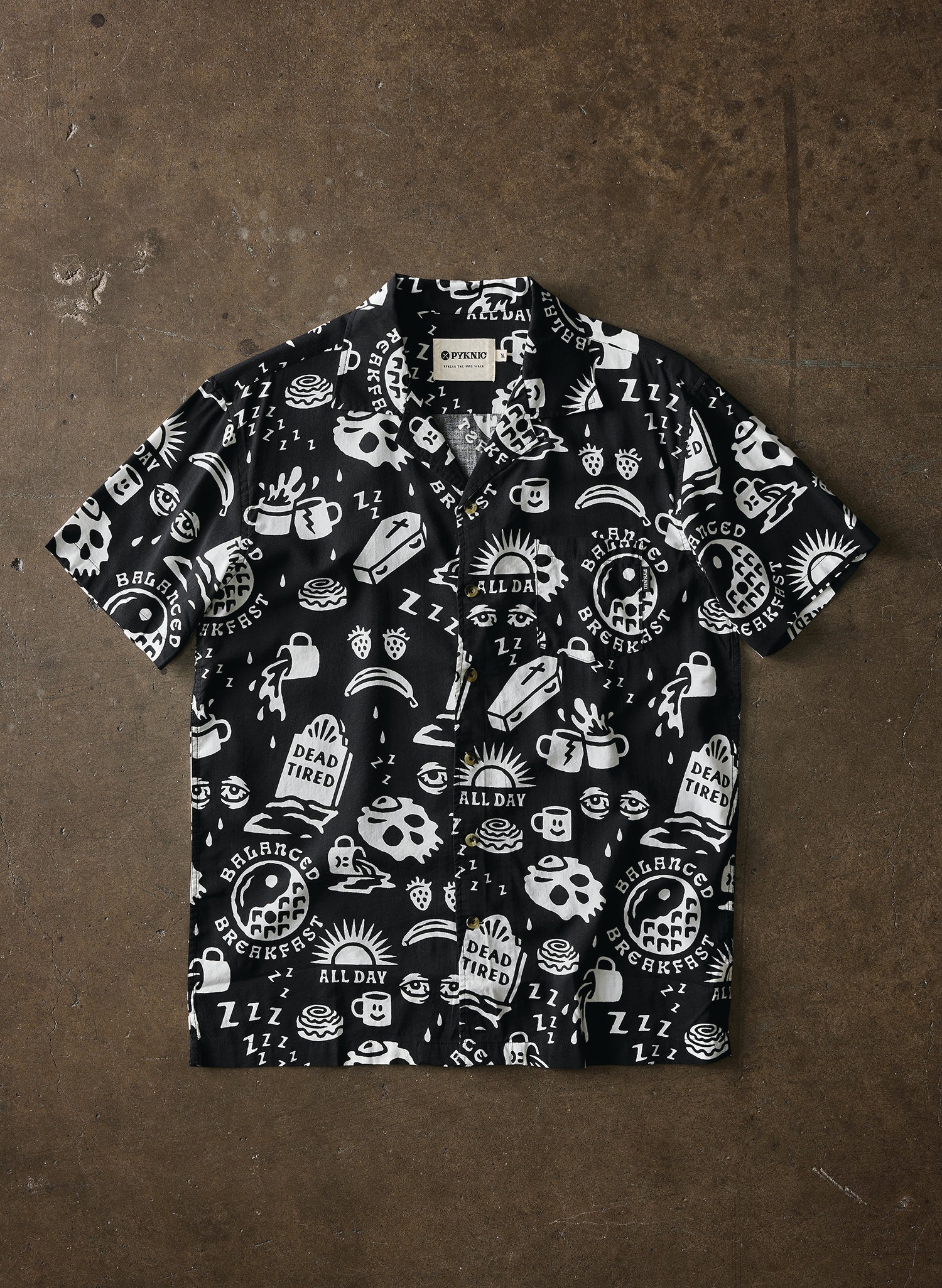 Pyknic | Dead Tired Vacation Casual Button-Up Shirt | Button Down Shirt with All Over Graphic Print, Black Coffee Shirt, Breakfast Lover Shirt,Best Foodie Shirt, Best Foodie Gift, Food Themed Apparel, Food Tattoo Flash, Always Tired Button Down Shirt, Cool Button Up Shirts, Alternative Lifestyle Brand, Motorcycle Lifestyle Brand