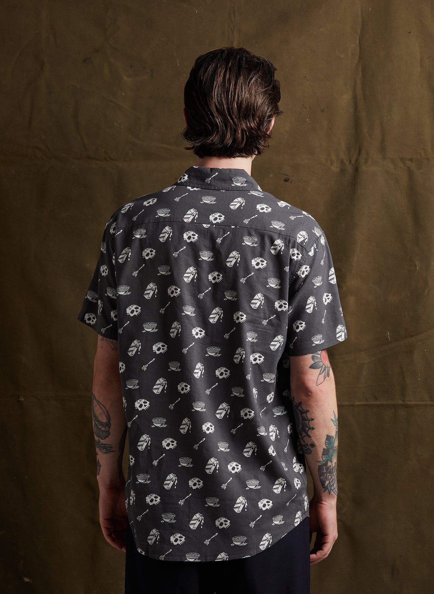 men - Pyknic | Cereal Killer Vacation Casual Button-Up Shirt | Button Down Shirt with All Over Graphic Print, Cereal Bowl and Milk Shirt, Cool Food Shirt, Best Foodie Shirt, Best Foodie Gift, Food Themed Apparel, Food Tattoo Flash, Skull Pattern Button Down Shirt, Cool Button Up Shirts, Alternative Lifestyle Brand, Motorcycle Lifestyle Brand, Breakfast Shirt