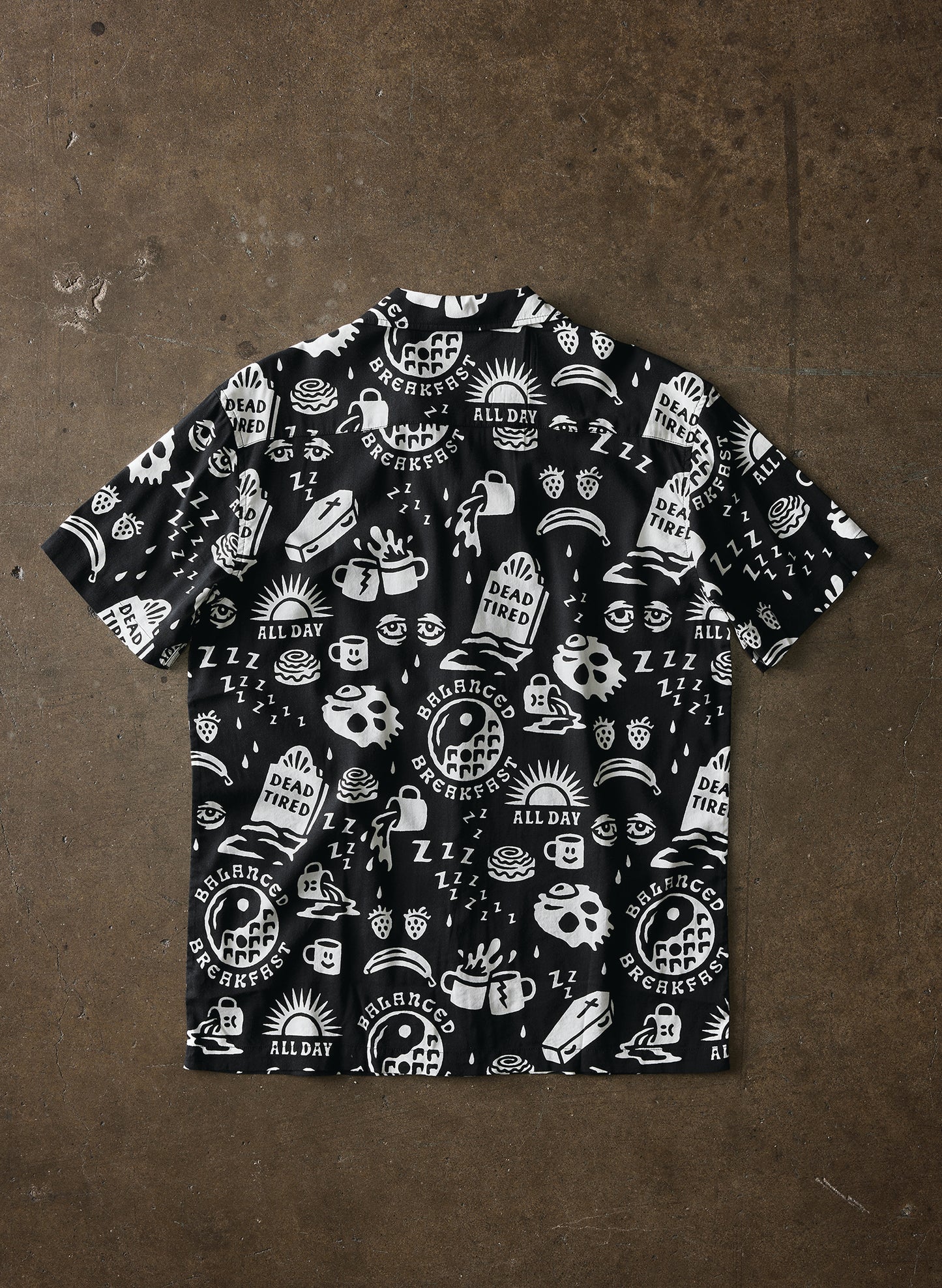 Pyknic | Dead Tired Vacation Casual Button-Up Shirt | Button Down Shirt with All Over Graphic Print, Black Coffee Shirt, Breakfast Lover Shirt,Best Foodie Shirt, Best Foodie Gift, Food Themed Apparel, Food Tattoo Flash, Always Tired Button Down Shirt, Cool Button Up Shirts