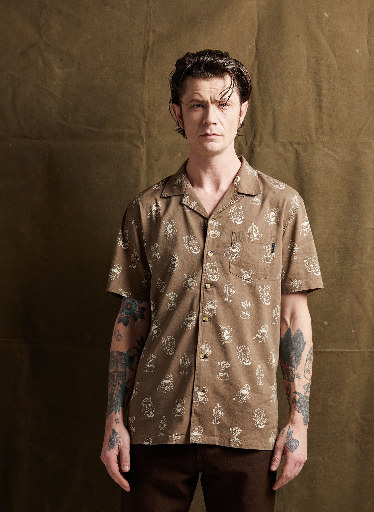 men - Pyknic | Desert Donuts Vacation Casual Button-Up Shirt | Button Down Shirt with All Over Graphic Print, Doughnuts and Coffee Shirt, Cool Food Shirt, Best Foodie Shirt, Best Foodie Gift, Food Themed Apparel, Food Tattoo Flash, Snake Cactus Wolf and Scorpion Pattern Button Down Shirt, Cool Button Up Shirts, Alternative Lifestyle Brand, Motorcycle Lifestyle Brand, Breakfast Button Up Shirt, Pastry Baker Shirt, Bakery Shirt