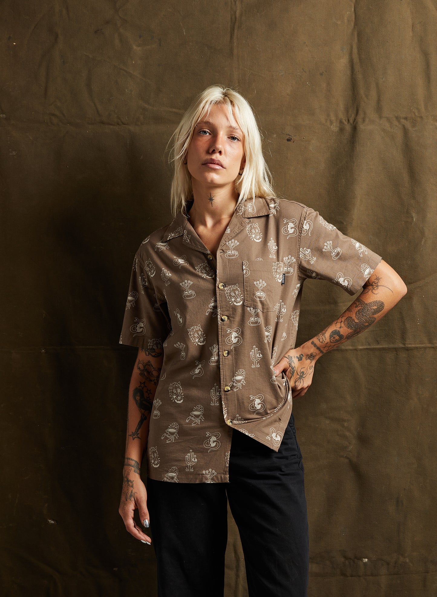 women - Pyknic | Desert Donuts Vacation Casual Button-Up Shirt | Button Down Shirt with All Over Graphic Print, Doughnuts and Coffee Shirt, Cool Food Shirt, Best Foodie Shirt, Best Foodie Gift, Food Themed Apparel, Food Tattoo Flash, Snake Cactus Wolf and Scorpion Pattern Button Down Shirt, Cool Button Up Shirts, Alternative Lifestyle Brand, Motorcycle Lifestyle Brand, Breakfast Button Up Shirt, Pastry Baker Shirt, Bakery Shirt