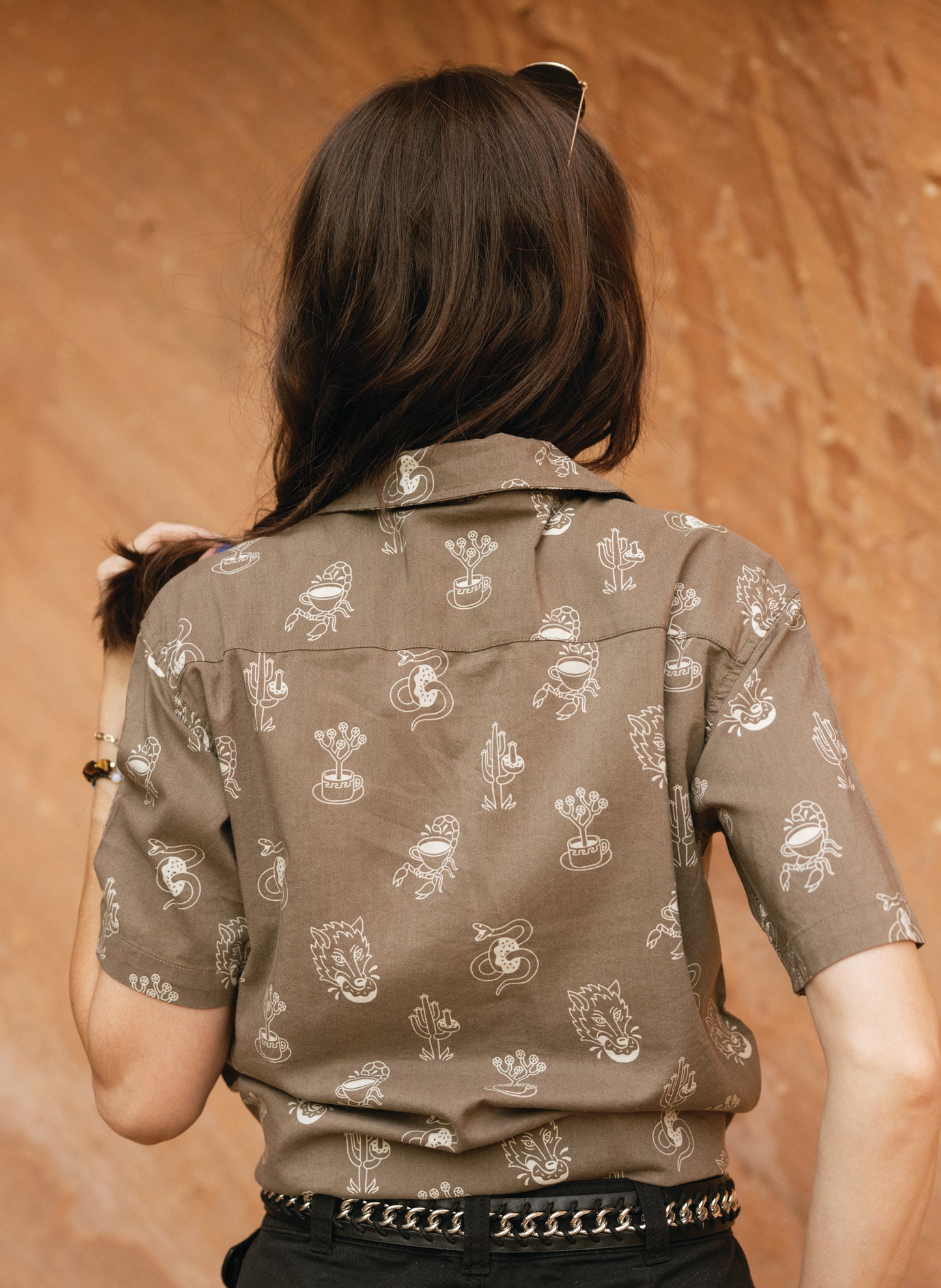 women - Pyknic | Desert Donuts Vacation Casual Button-Up Shirt | Button Down Shirt with All Over Graphic Print, Doughnuts and Coffee Shirt, Cool Food Shirt, Best Foodie Shirt, Best Foodie Gift, Food Themed Apparel, Food Tattoo Flash, Snake Cactus Wolf and Scorpion Pattern Button Down Shirt, Cool Button Up Shirts, Alternative Lifestyle Brand, Motorcycle Lifestyle Brand, Breakfast Button Up Shirt, Pastry Baker Shirt, Bakery Shirt