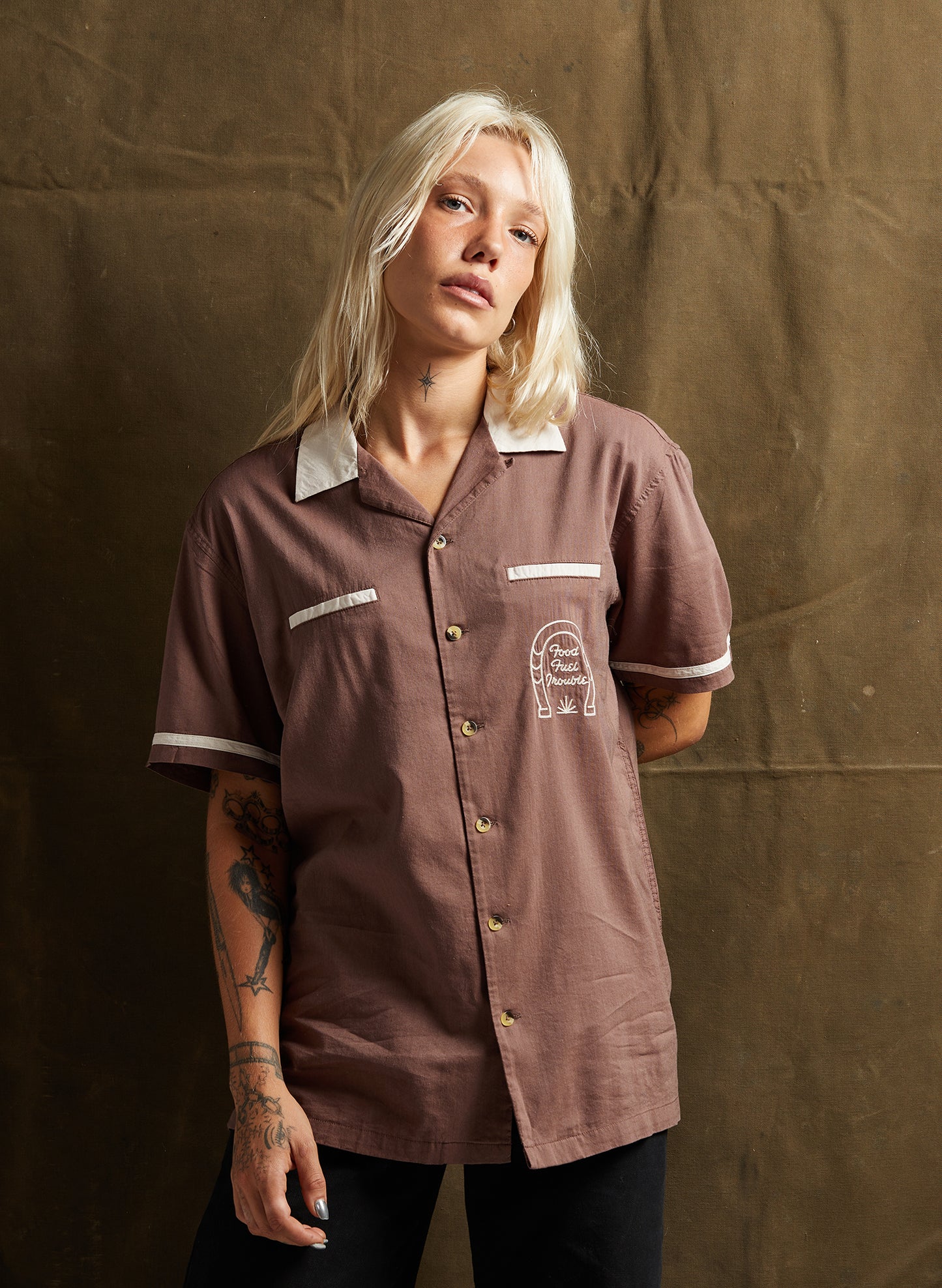 women - Pyknic | Vintage Inspired Chainstitch Enchiladas Mexican Food Button Up Shirt | Brown Button Down Shirt | Cotton Blend Blouse | Food Fuel Trouble | Foodie Button Up Shirt | Bowling Shirt | Vacation Camp Shirt