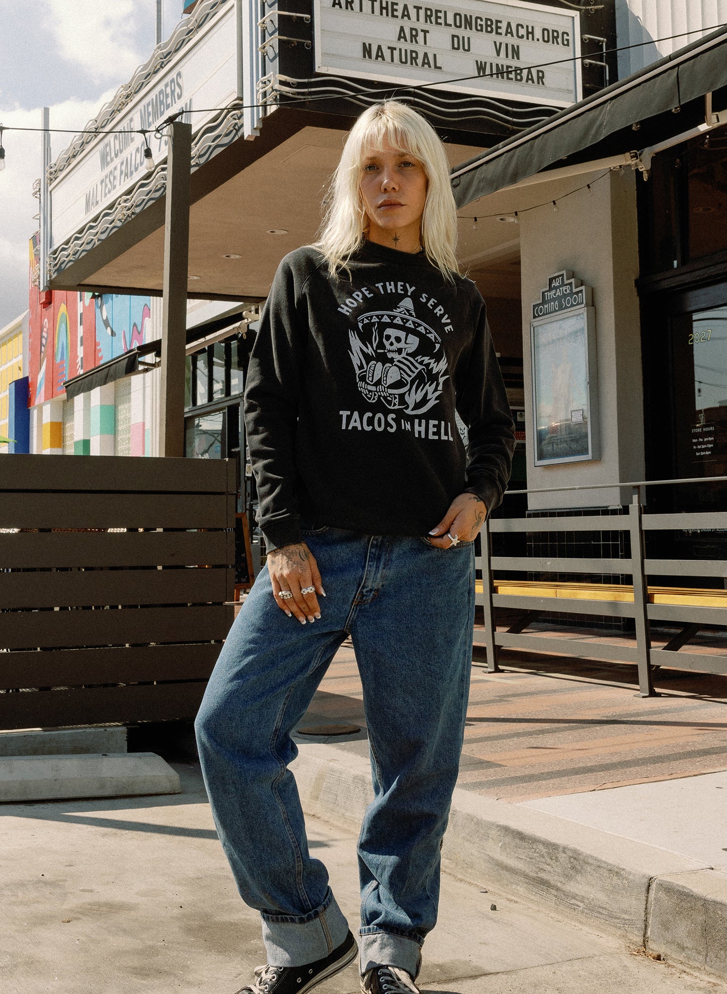 women - Pyknic | Hope They Serve Tacos in Hell Taco Crewneck Sweatshirt, Taco Tuesday, Dia de Los Muertos, Skeleton Tattoo