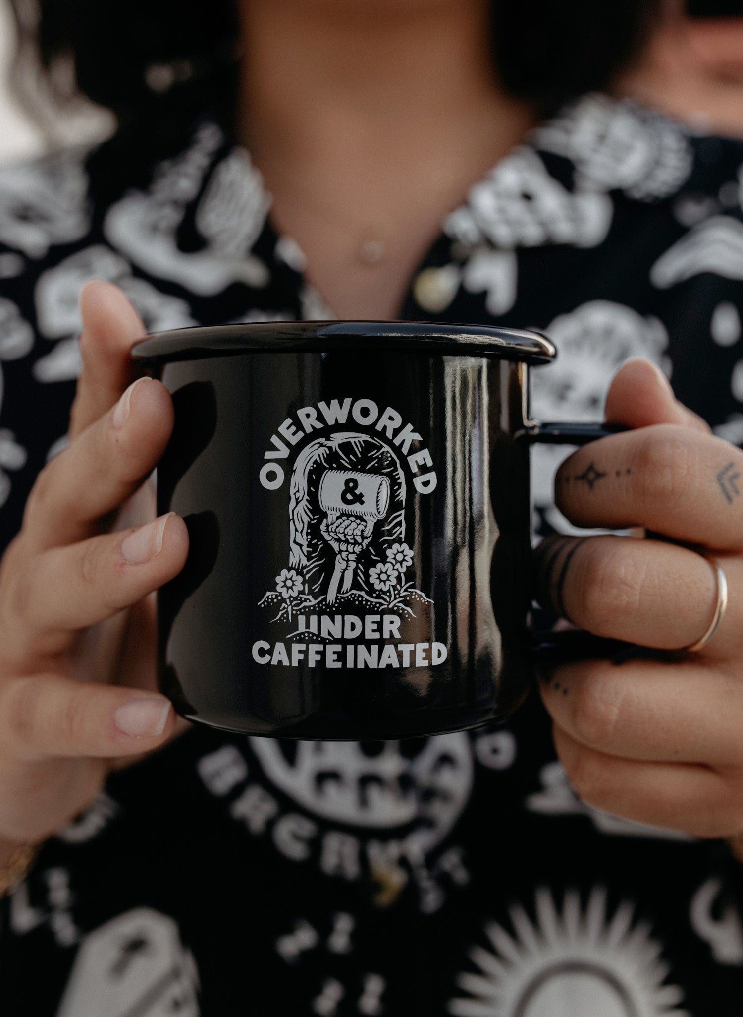Overworked Under Caffeinated Black Enamel Camping Mug for Coffee or Tea | Co-Worker or Boss Gift | Foodie Gift | Cool Reusable Coffee Mug | Pyknic
