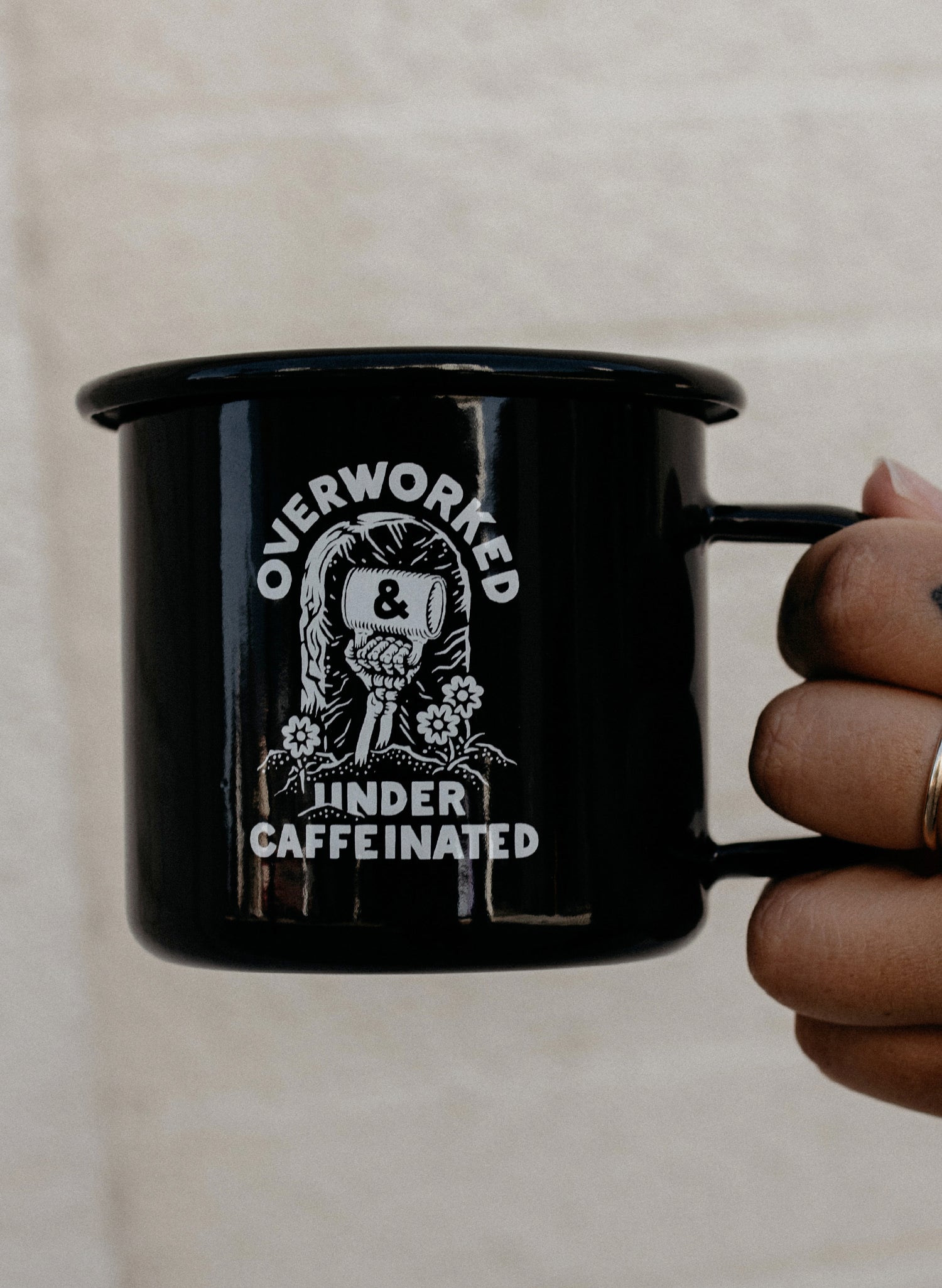 Overworked Under Caffeinated Black Enamel Camping Mug for Coffee or Tea | Co-Worker or Boss Gift | Foodie Gift | Cool Reusable Coffee Mug | Pyknic