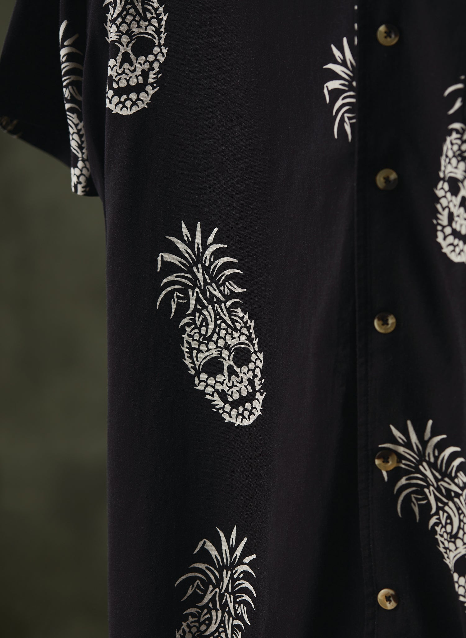Pyknic | Permanent Vacation Casual Button-Up Shirt | Button Down Shirt with All Over Graphic Print, Tropical Pineapple Skull Tiki Shirt, Cool Food Shirt, Best Foodie Shirt, Best Foodie Gift, Food Themed Apparel, Food Tattoo Flash, Pineapple Pattern Button Down Shirt, Cool Button Up Shirts, Alternative Lifestyle Brand, Motorcycle Lifestyle Brand, Skull Button Up Shirt, 