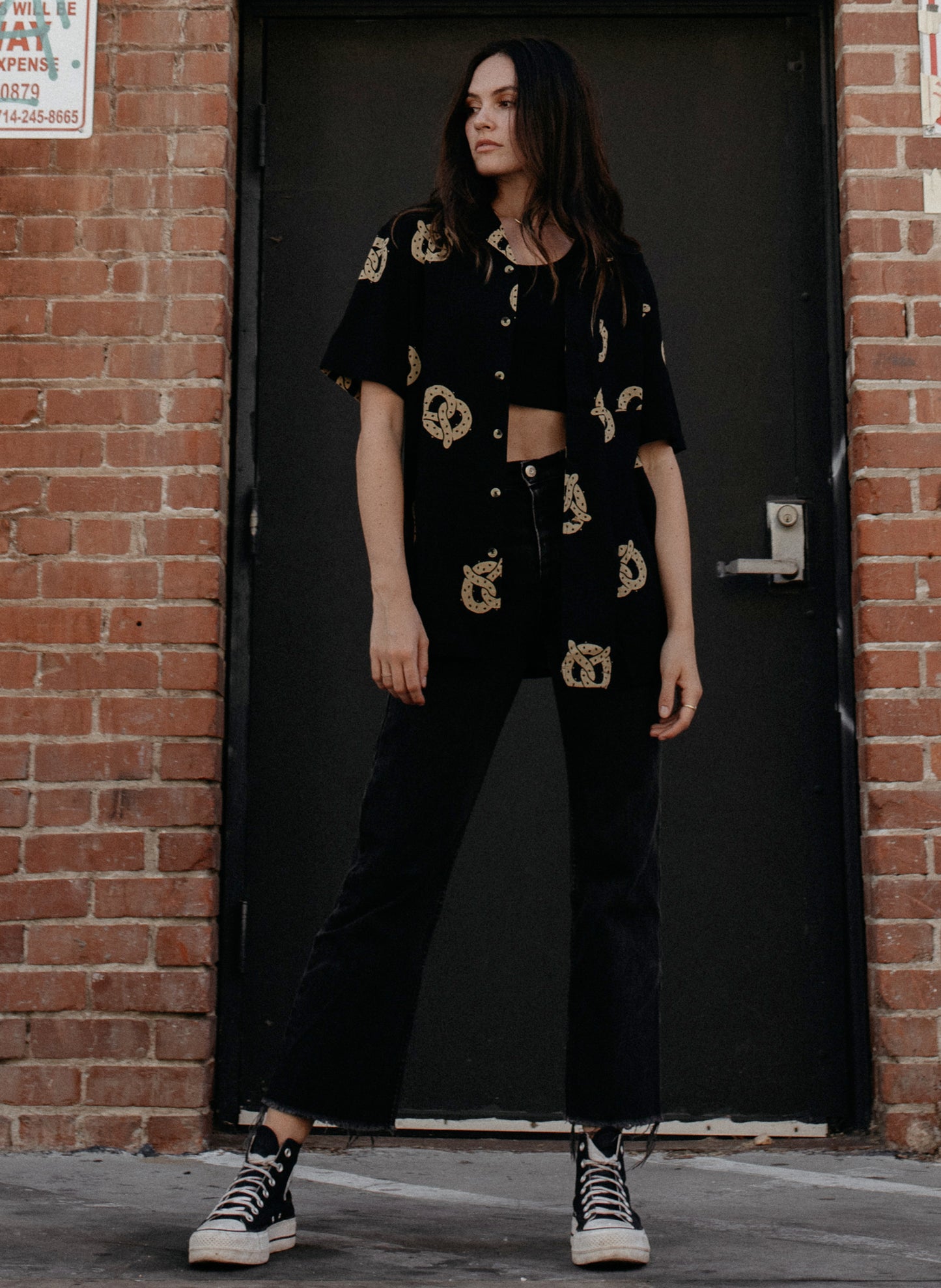 Women's Cotton Rayon Pretzel Graphic Black Button Up Shirt | Foodie Blouse | Pyknic