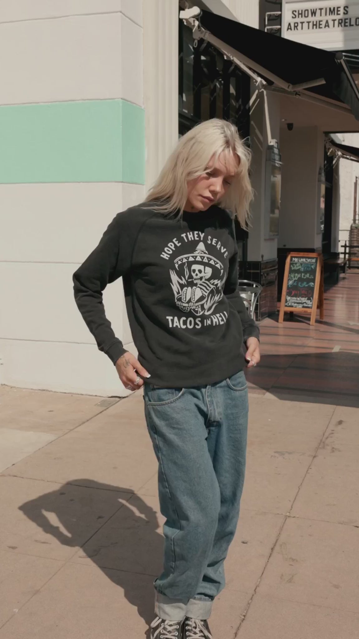 women - Pyknic | Hope They Serve Tacos in Hell Taco Crewneck Sweatshirt, Taco Tuesday, Dia de Los Muertos, Skeleton Tattoo