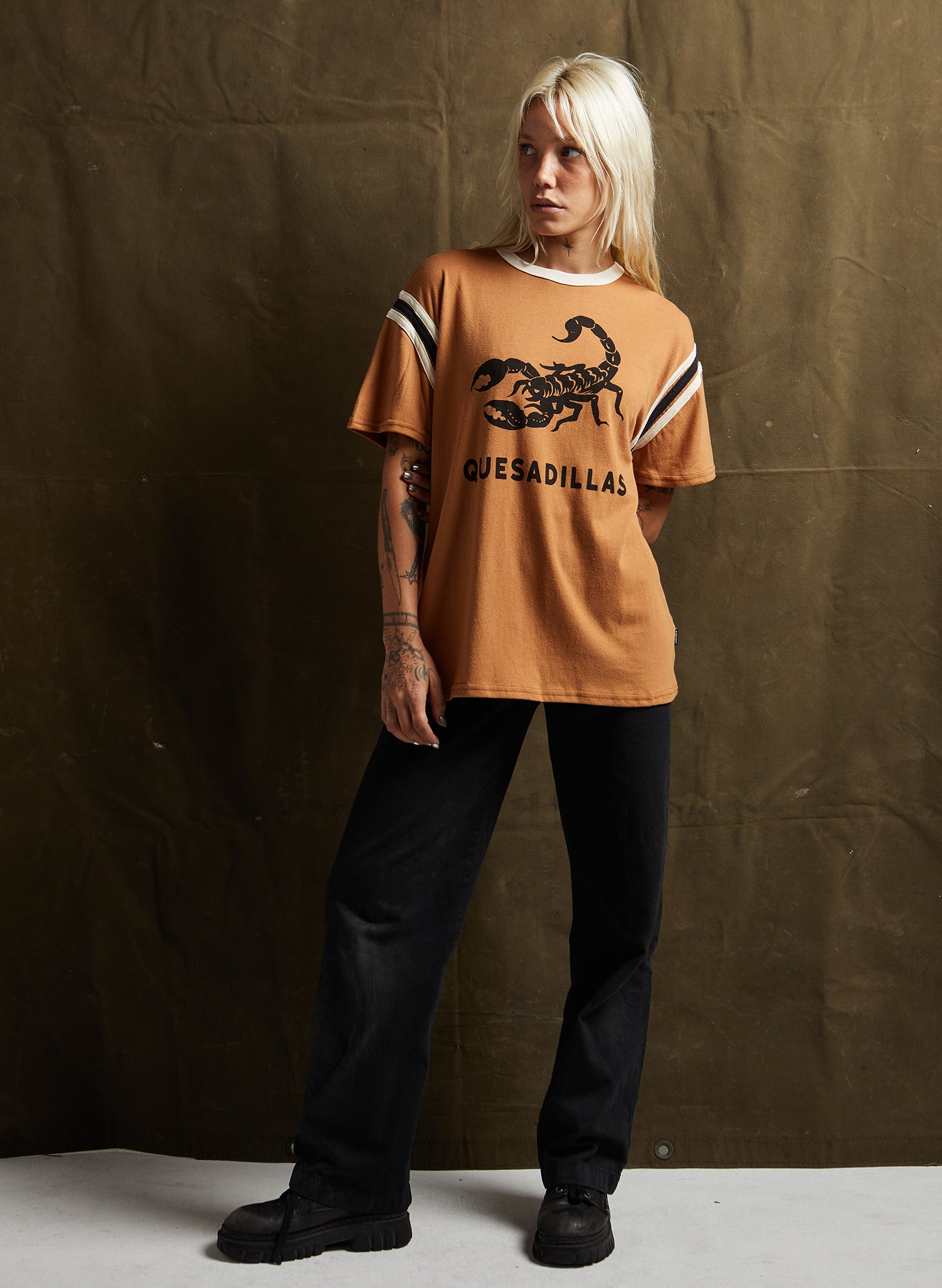 women - Pyknic Soft Vintage Inspired Striped Sleeve Retro Graphic Tee, Foodie Tshirt, Quesadillas, Scorpion, Desert, Joshua Tree, Palm Springs, Rust Tee, Tex Mex, Mexican Food, Western Tshirt
