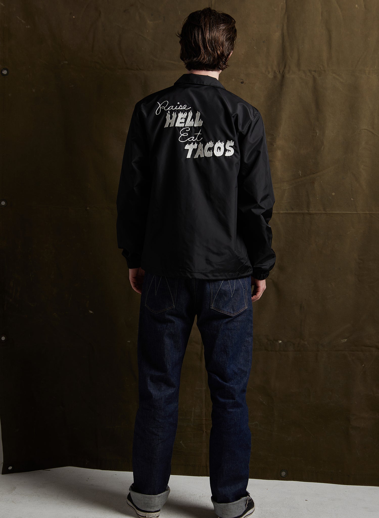 men - PYKNIC | Raise Hell Eat Tacos Nylon Coaches Jacket, Vintage Style Jacket, Motorcycle Jacket, Felt Patch with Chainstitch, Chain Stitch Embroidery, Food Jacket, Foodie Apparel, The Devil Holding a Taco