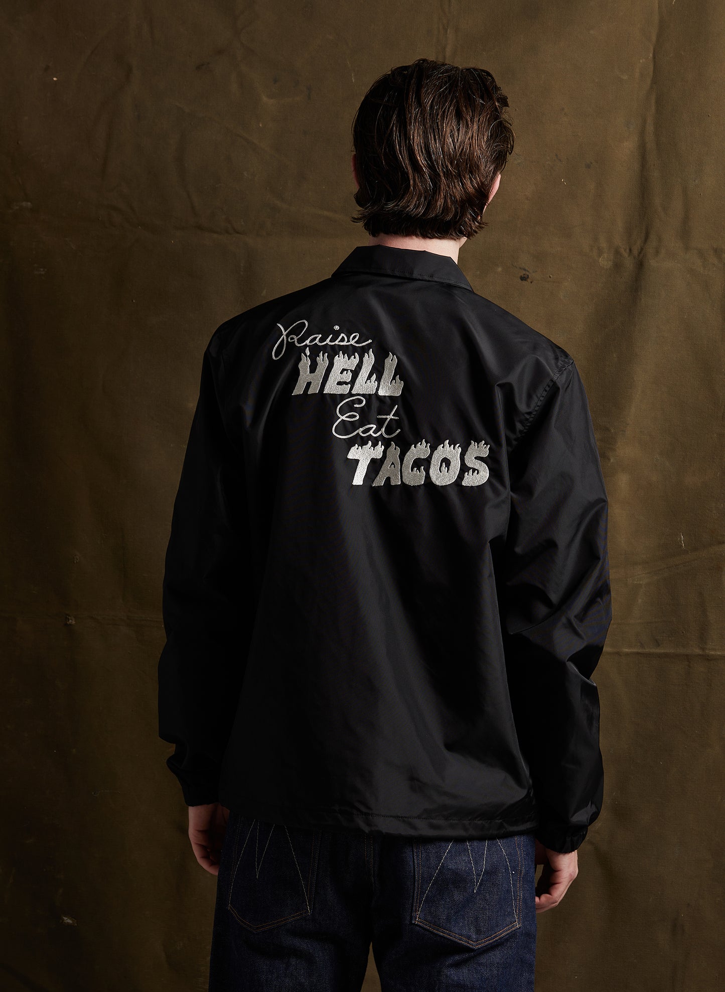 men - PYKNIC | Raise Hell Eat Tacos Nylon Coaches Jacket, Vintage Style Jacket, Motorcycle Jacket, Felt Patch with Chainstitch, Chain Stitch Embroidery, Food Jacket, Foodie Apparel, The Devil Holding a Taco