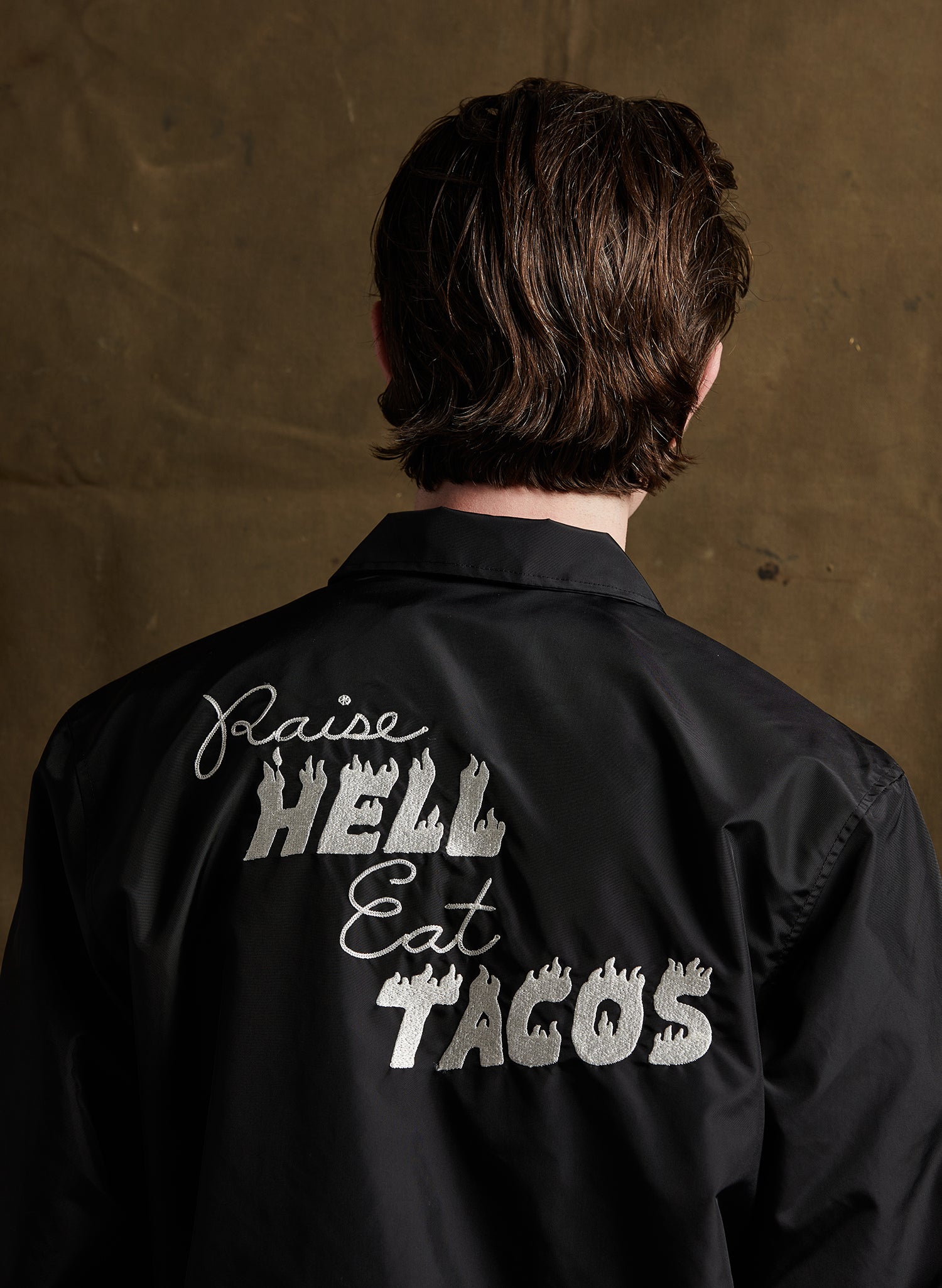 men - PYKNIC | Raise Hell Eat Tacos Nylon Coaches Jacket, Vintage Style Jacket, Motorcycle Jacket, Felt Patch with Chainstitch, Chain Stitch Embroidery, Food Jacket, Foodie Apparel, The Devil Holding a Taco