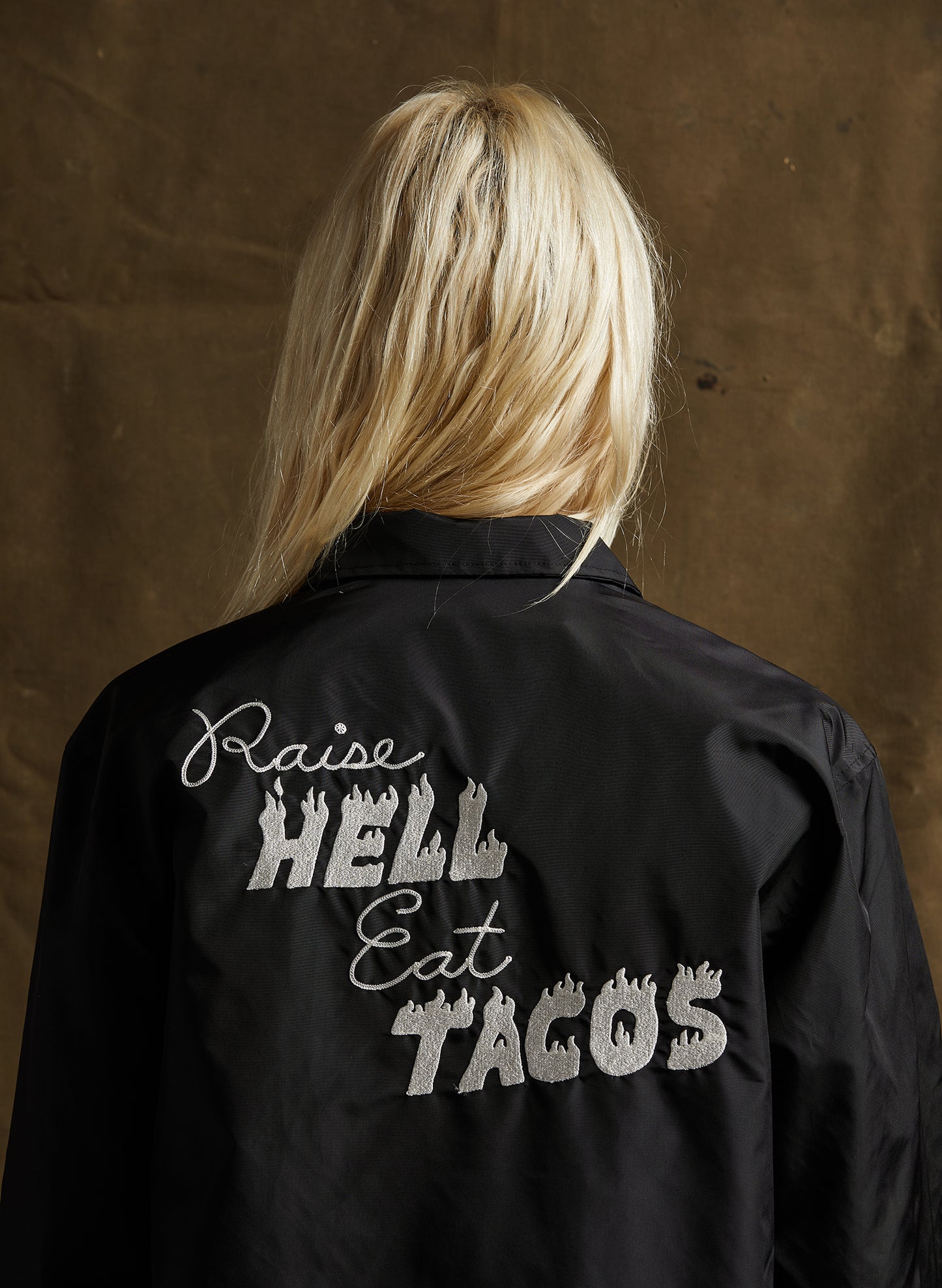 women - PYKNIC | Raise Hell Eat Tacos Nylon Coaches Jacket, Vintage Style Jacket, Motorcycle Jacket, Felt Patch with Chainstitch, Chain Stitch Embroidery, Food Jacket, Foodie Apparel, The Devil Holding a Taco