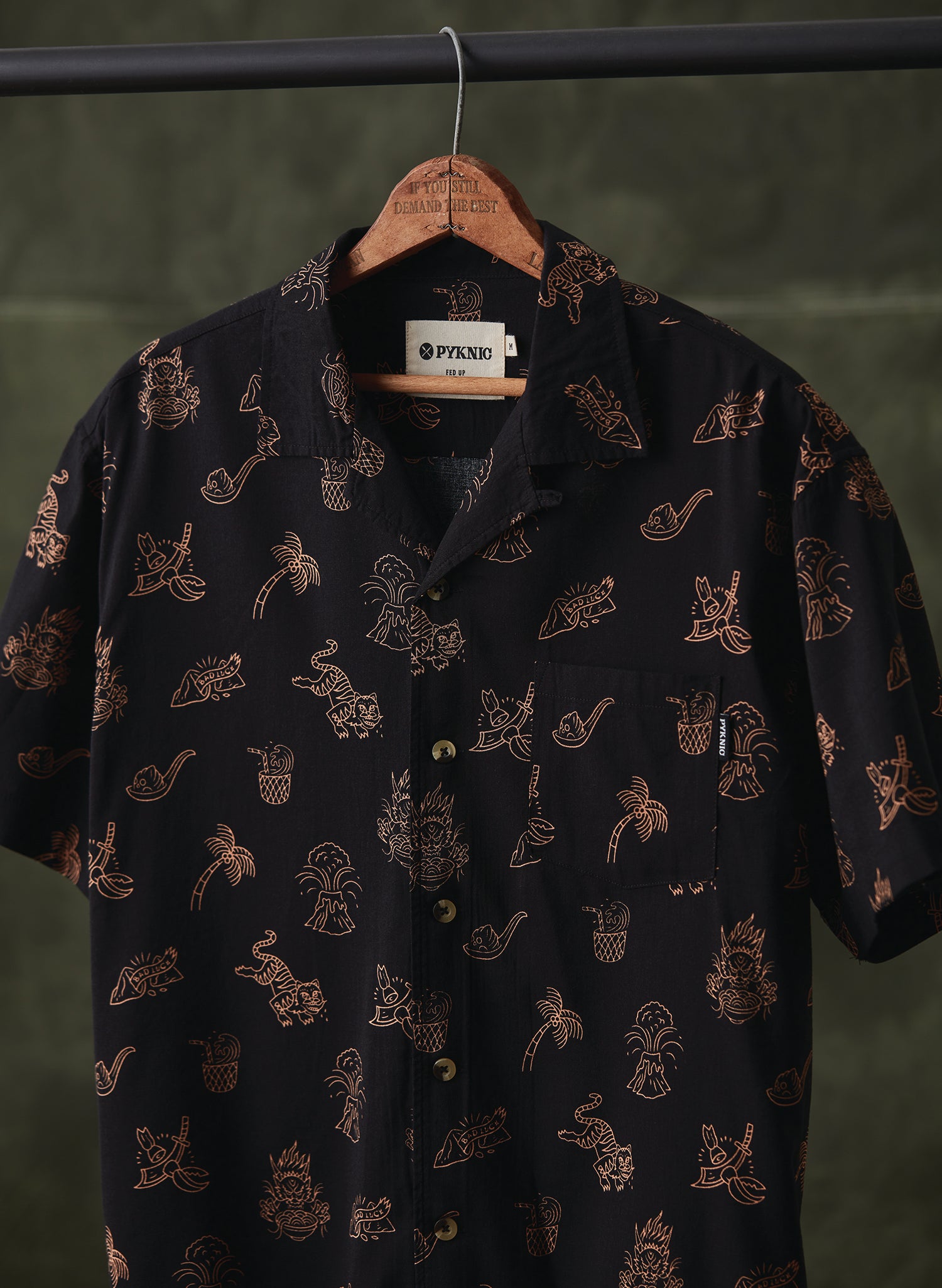 Pyknic | Spicy Noods Vacation Casual Button-Up Shirt | Button Down Shirt with All Over Graphic Print, Chinese Food Shirt, Asian Food Lover Shirt, Palm Tree & Volcano Print, Dim Sum Button Up Shirt, Spicy Ramen Noodles Tiki Shirt, Best Foodie Shirt, Best Foodie Gift, Food Themed Apparel, Food Tattoo Flash, Dragon & Tiger Button Down Shirt, Cool Button Up Shirts