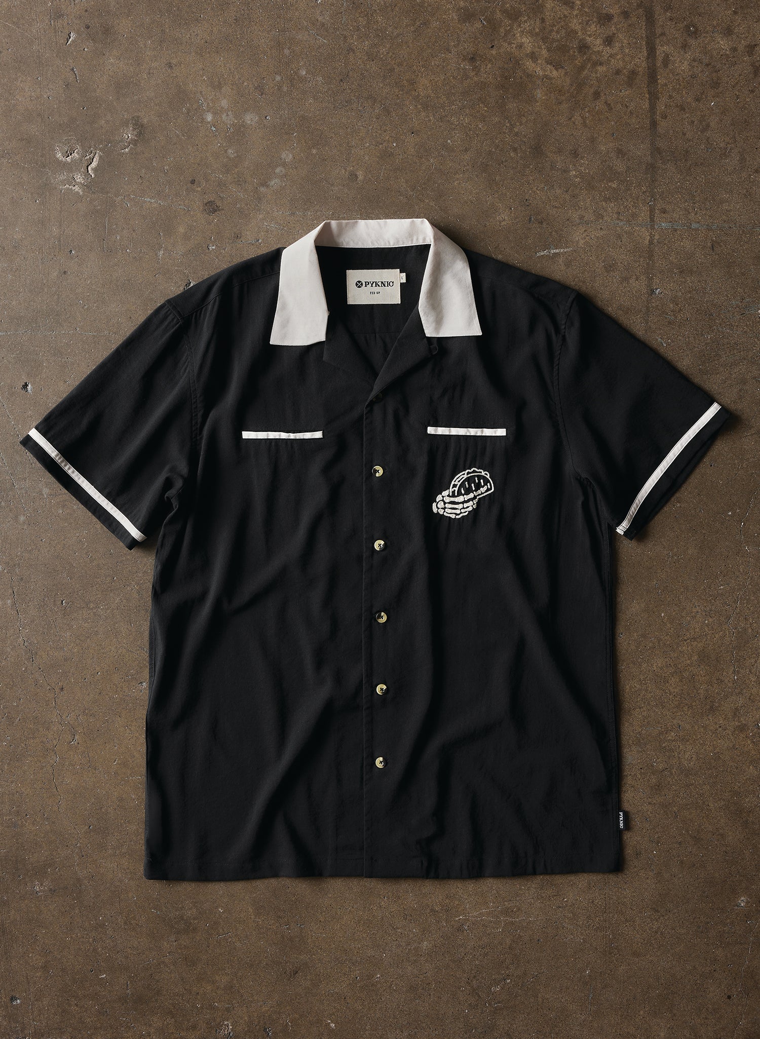 Pyknic | Black & Cream Bowling Shirt, Vacation Casual Button-Up Shirt | Button Down Shirt with Chainstitch Embroidery, Skeleton Hand Chain Stitch Taco Embroidery, Tacos & Beer Embroidered Shirt, Taco Lover Shirt, Best Foodie Shirt, Best Foodie Gift, Food Themed Apparel, Taco Shirt, Food Tattoo Flash, Alternative Lifestyle Brand, Motorcycle Lifestyle Brand