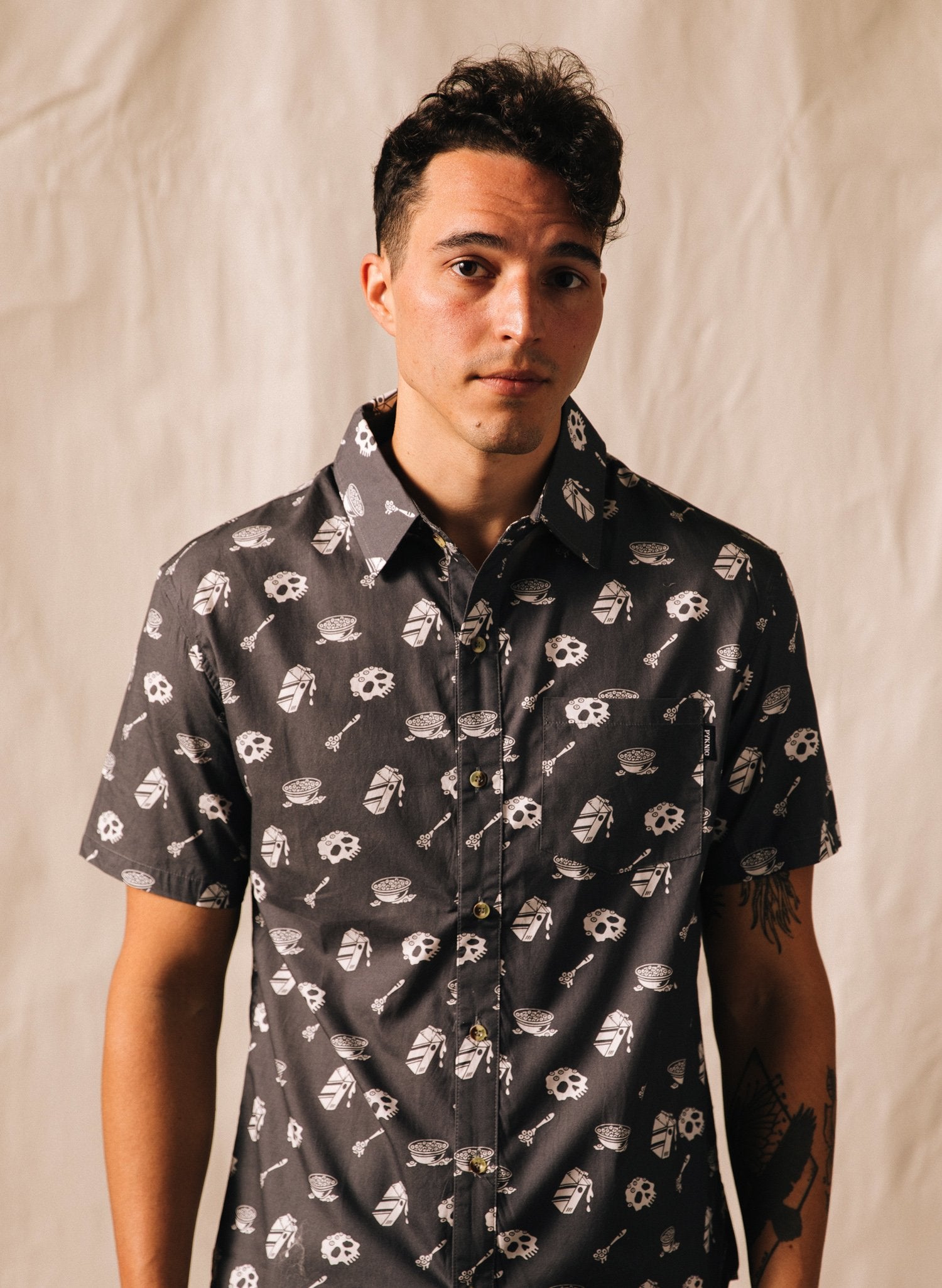 Cereal Killer Mens Unique Foodie Button Up Shirt - Skull Cereal Bowl and Milk