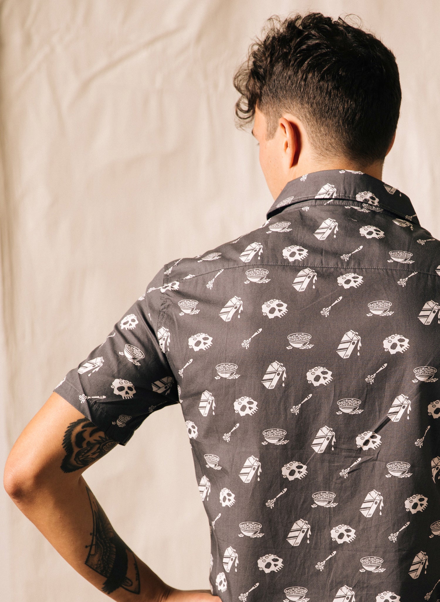 Cereal Killer Mens Unique Foodie Button Up Shirt - Skull Cereal Bowl and Milk