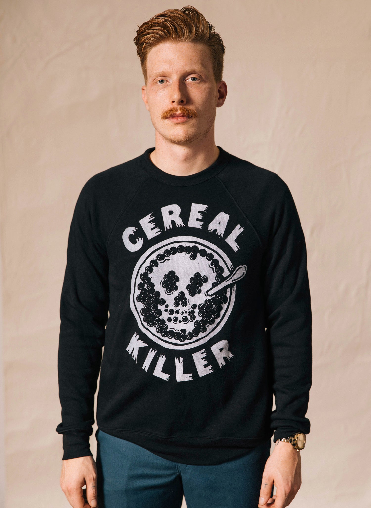 men - Pyknic | Cereal Killer Food Pun Fruit Loops Breakfast Cereal and Cartoons Skull Milk Bowl Unisex Adult Crewneck Sweatshirt