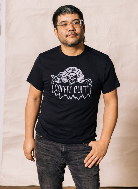 Coffee Cult Skeleton Bones T-shirt for Foodies, Coffee Lovers, Barista, Cafe