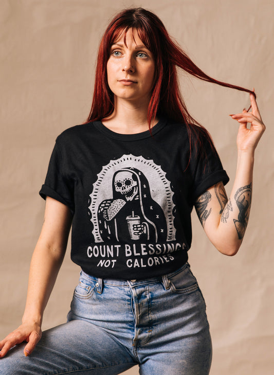 Count Blessings Not Calories Virgen de Guadalupe Tacos Dietitian Day of the Dead Foodie T-shirt