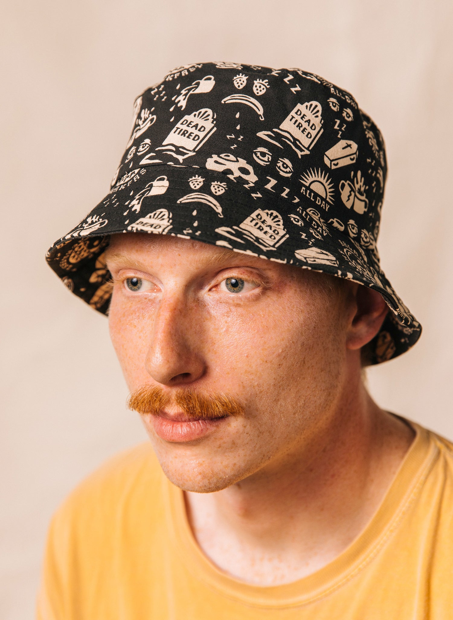 men - PYKNIC | Dead Tired Unstructured  Vintage Bucket Hat, All Over Print Breakfast Food Bucket Hat, Foodie Gift, Hats for Coffee Lovers, Always Tired, Tired Mom Dad