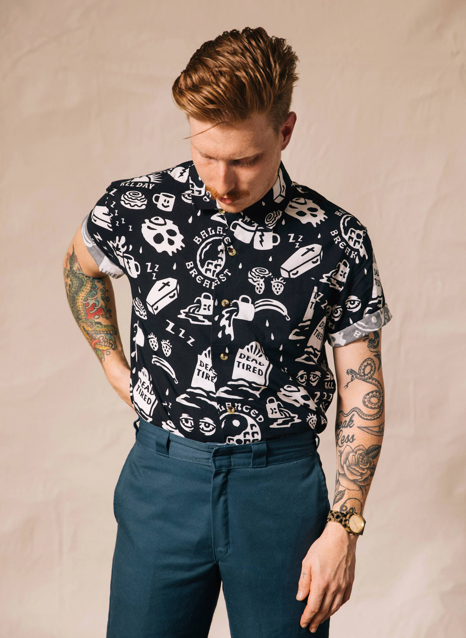 Pyknic Dead Tired Breakfast Coffee Cofin Skulls Mens Casual Buttonup Shirt Hawaiian Vacation Button Down Graphic Top