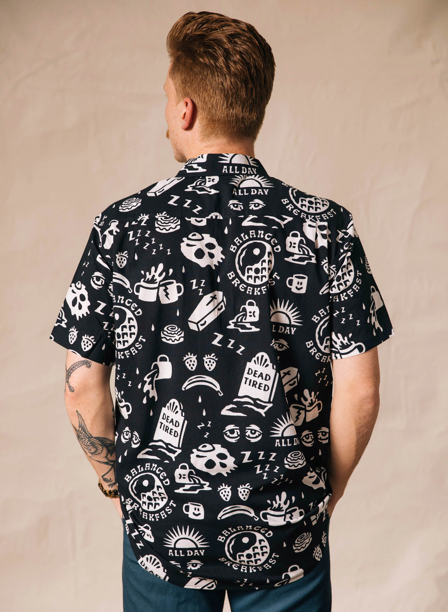 Pyknic Dead Tired Breakfast Coffee Cofin Skulls Mens Casual Buttonup Shirt Hawaiian Vacation Button Down Graphic Top