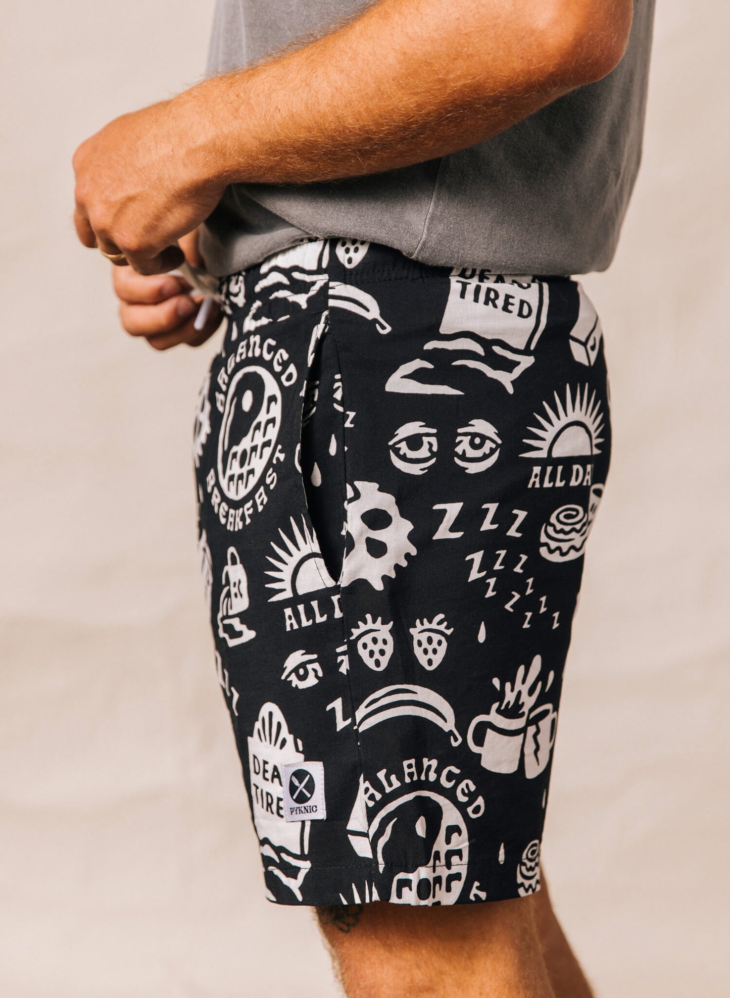 Pyknic Dead Tired Breakfast Coffee Cofin Skulls Mens Casual Buttonup Shirt Hawaiian Vacation Graphic Baggies Shorts