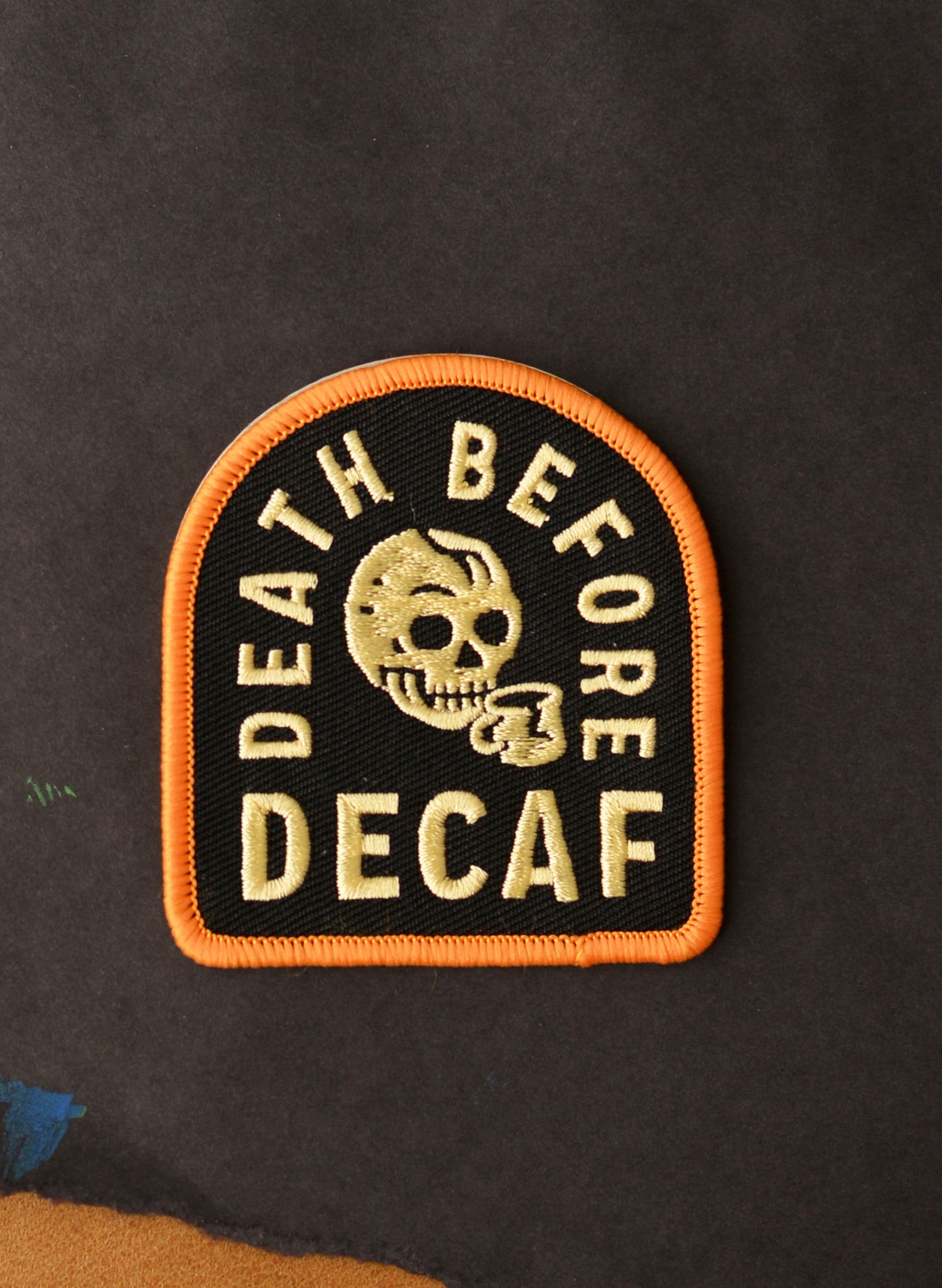 Death Before Decaf Coffee Black Skull Barista Embroidered Iron On Patch