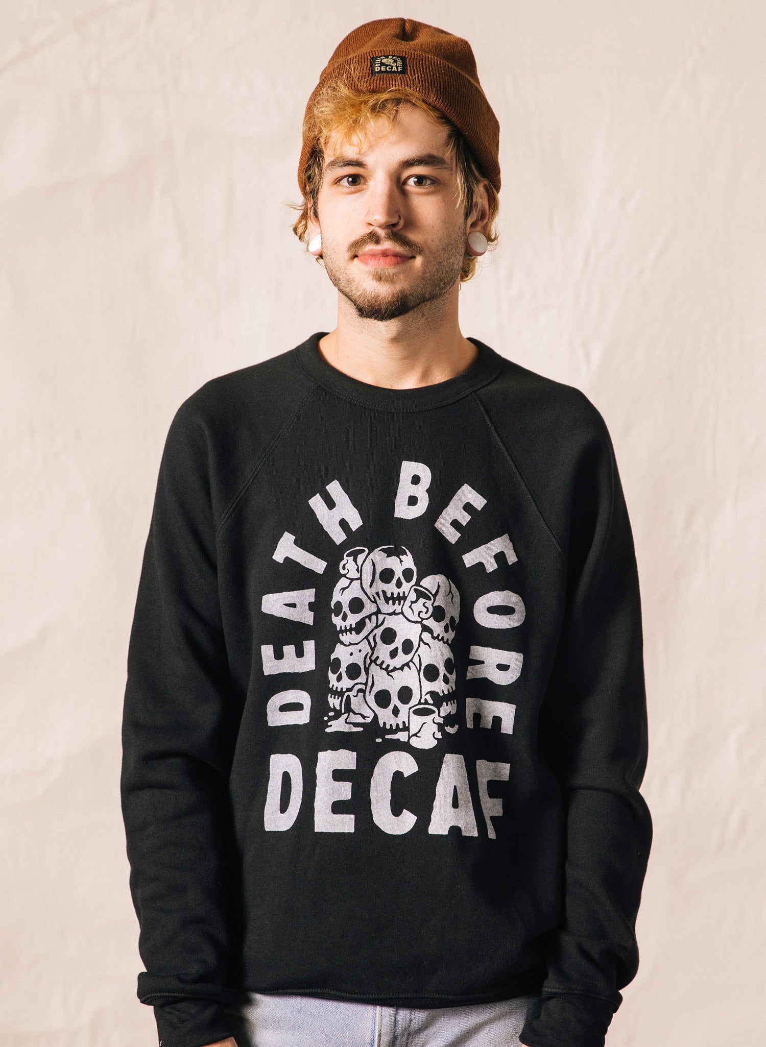 men - Pyknic | Death Before Decaf Coffee Black Pullover Crewneck Sweatshirt Skulls Catacomb Coffee Mugs