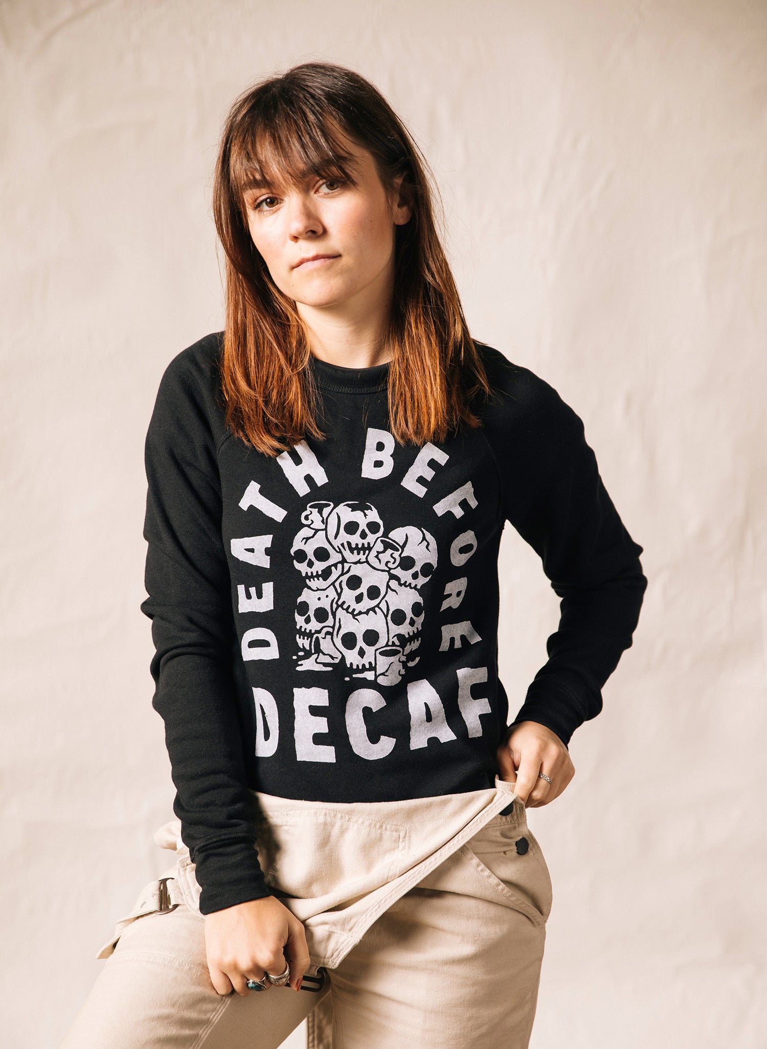 women - Pyknic | Death Before Decaf Coffee Black Pullover Crewneck Sweatshirt Skulls Catacomb Coffee Mugs