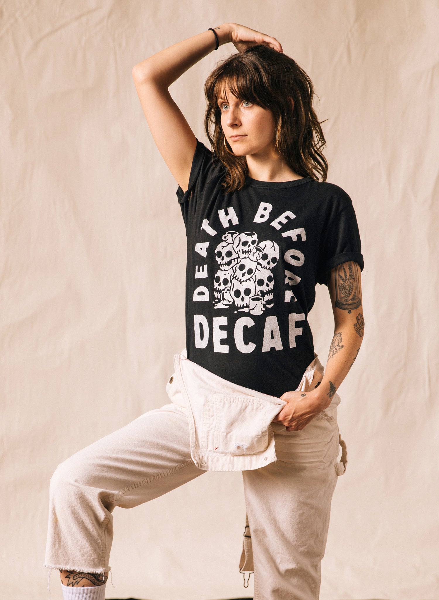 women - Pyknic | Death Before Decaf Coffee Skull Mugs Barista Always Tired Tshirt Caffeine Tee