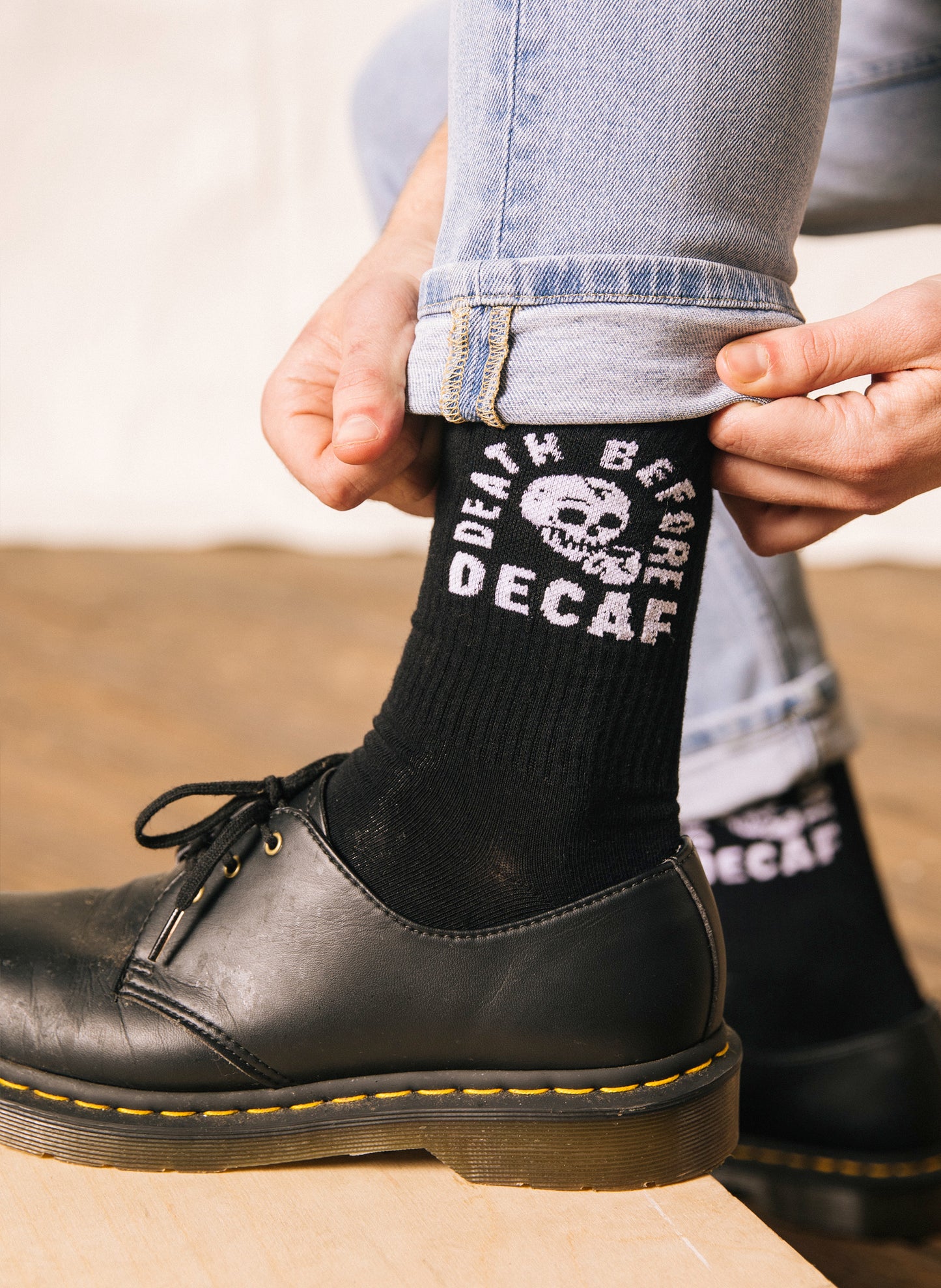 Death Before Decaf Coffee Crew Socks Black Skull Mug