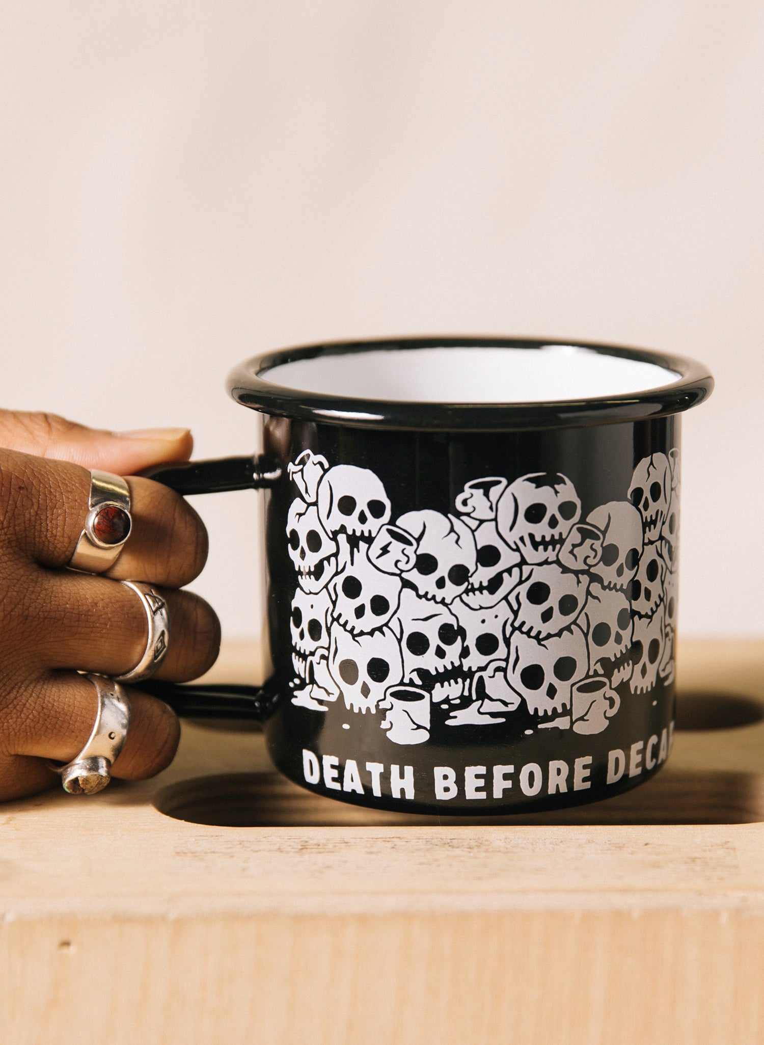 Death Before Decaf Coffee Enamel Tin Black Catacombs Skull Camping Mug 