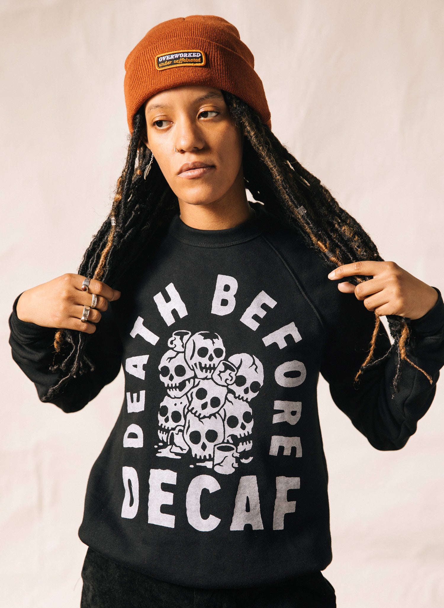Death Before Decaf Coffee Black Pullover Crewneck Sweatshirt Skulls Catacomb Coffee Mugs