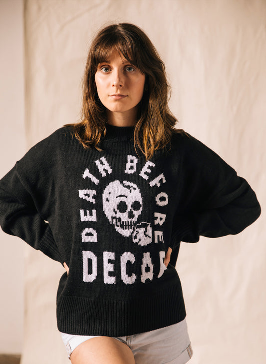 Death Before Decaf Coffee Mug Skull Quirky Novelty Black Sweater