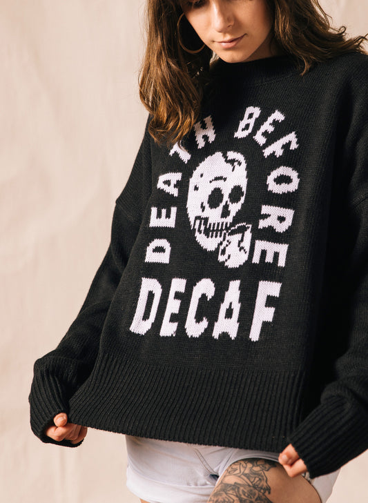 Death Before Decaf Coffee Mug Skull Quirky Novelty Black Sweater