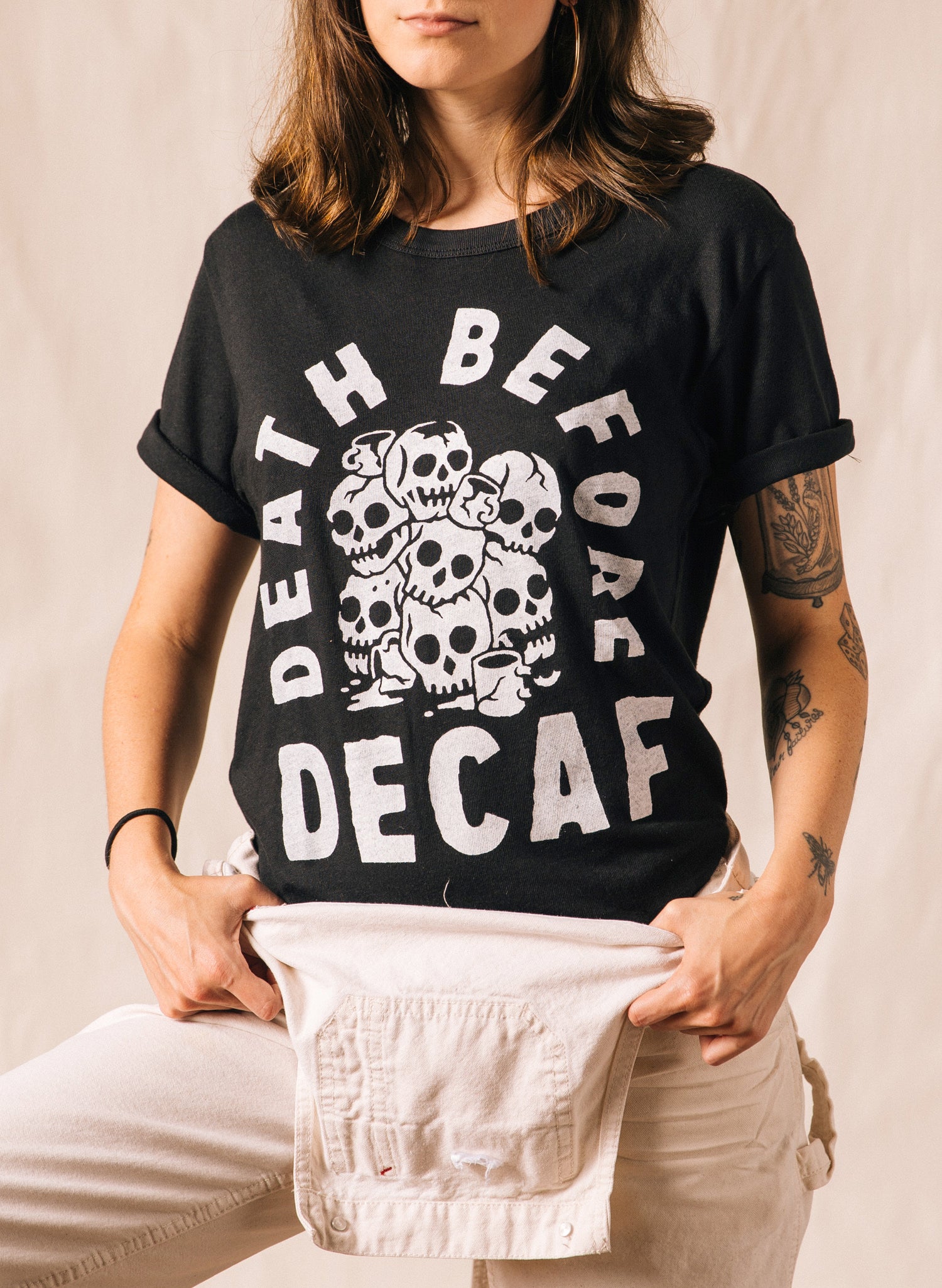 Death Before Decaf Coffee Black Skull Third Wave Specialty Espresso Barista Cafe Tshirt Tee