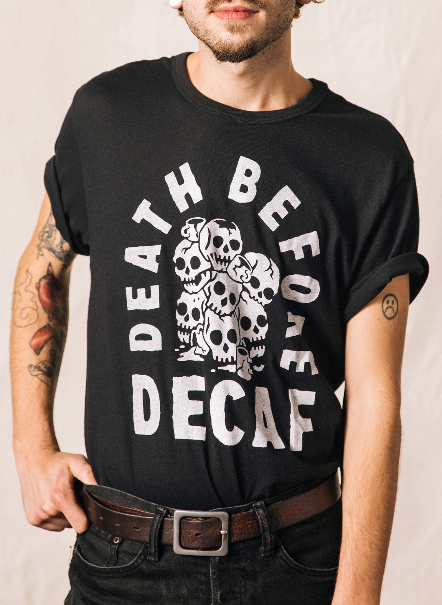 Death Before Decaf Coffee Skull Mugs Barista Always Tired Tshirt Caffeine Tee