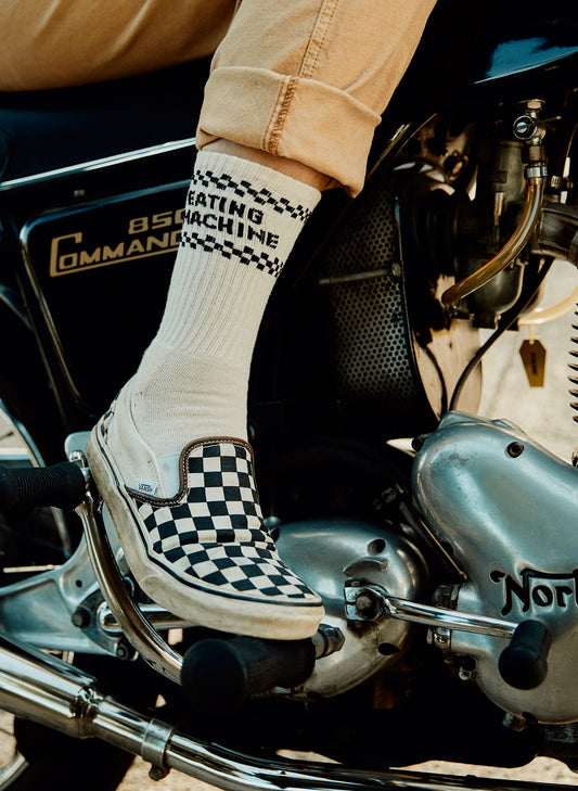 Eating Machine Checkerboard Motorcycle Comfy Socks for Foodies and Food Lovers