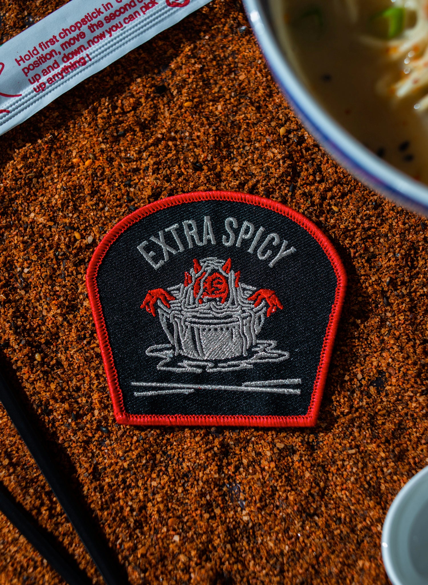 Extra Spicy Noodles Devil Patch by Pyknic | Ramen Noodles, Sriracha Hot Sauce, Cotton Twill Patch for Jacket
