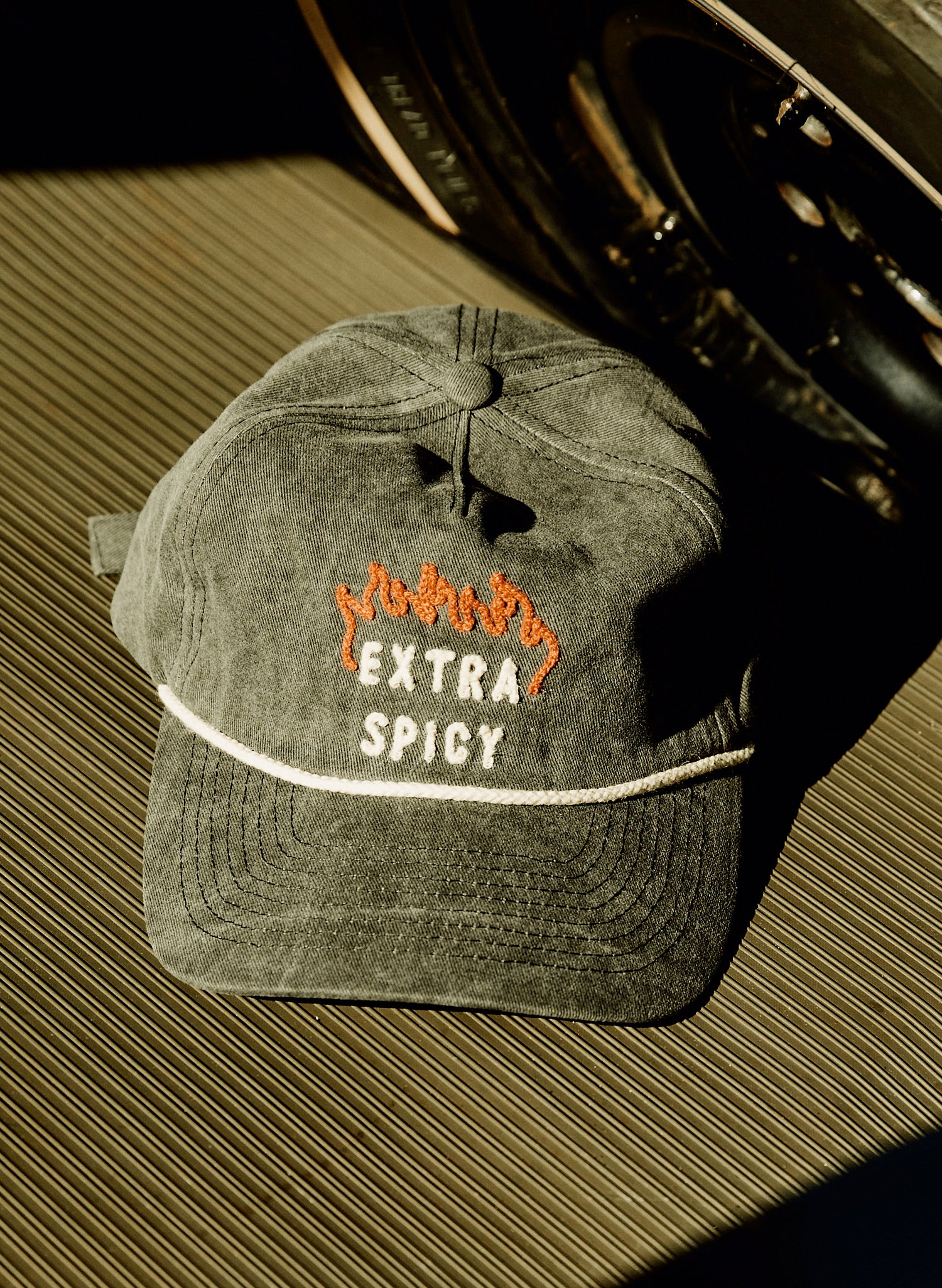 Extra Spicy Heat Flames Chainstitch Vintage Trucker Rope Hat - Food, Foodie, Chipotle, Chili Peppers, Hot Sauce Cap