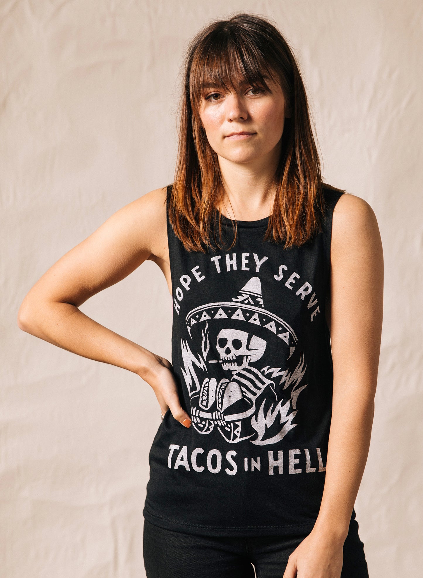 Hope They Serve Tacos in Hell Taco Meme Women's Muscle Tank - Best Taco Shirt for Foodies and Taco Lovers