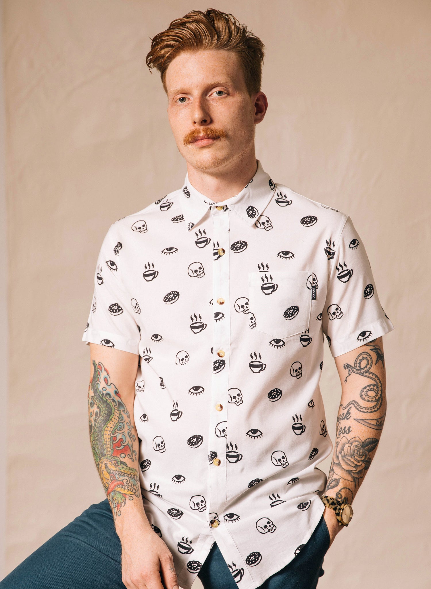 Morning Glory Men's All-Over Print Doughnut Coffee Skull Eye Button Up Casual Collared Short Sleeve Hawaiian Tiki Shirt