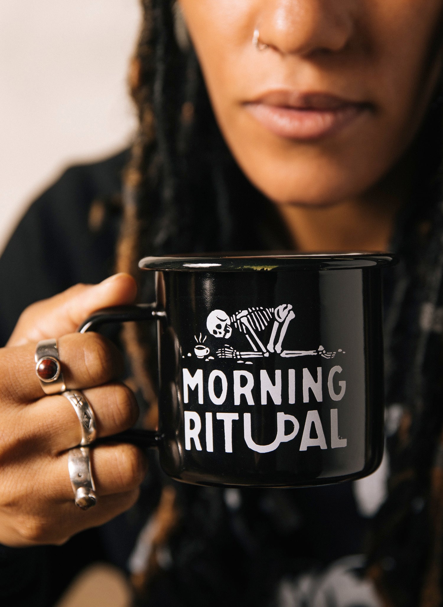 Morning Ritual Coffee Lover Gift Caffeine Skeleton Bones But First Coffee Enamel Camp Mug