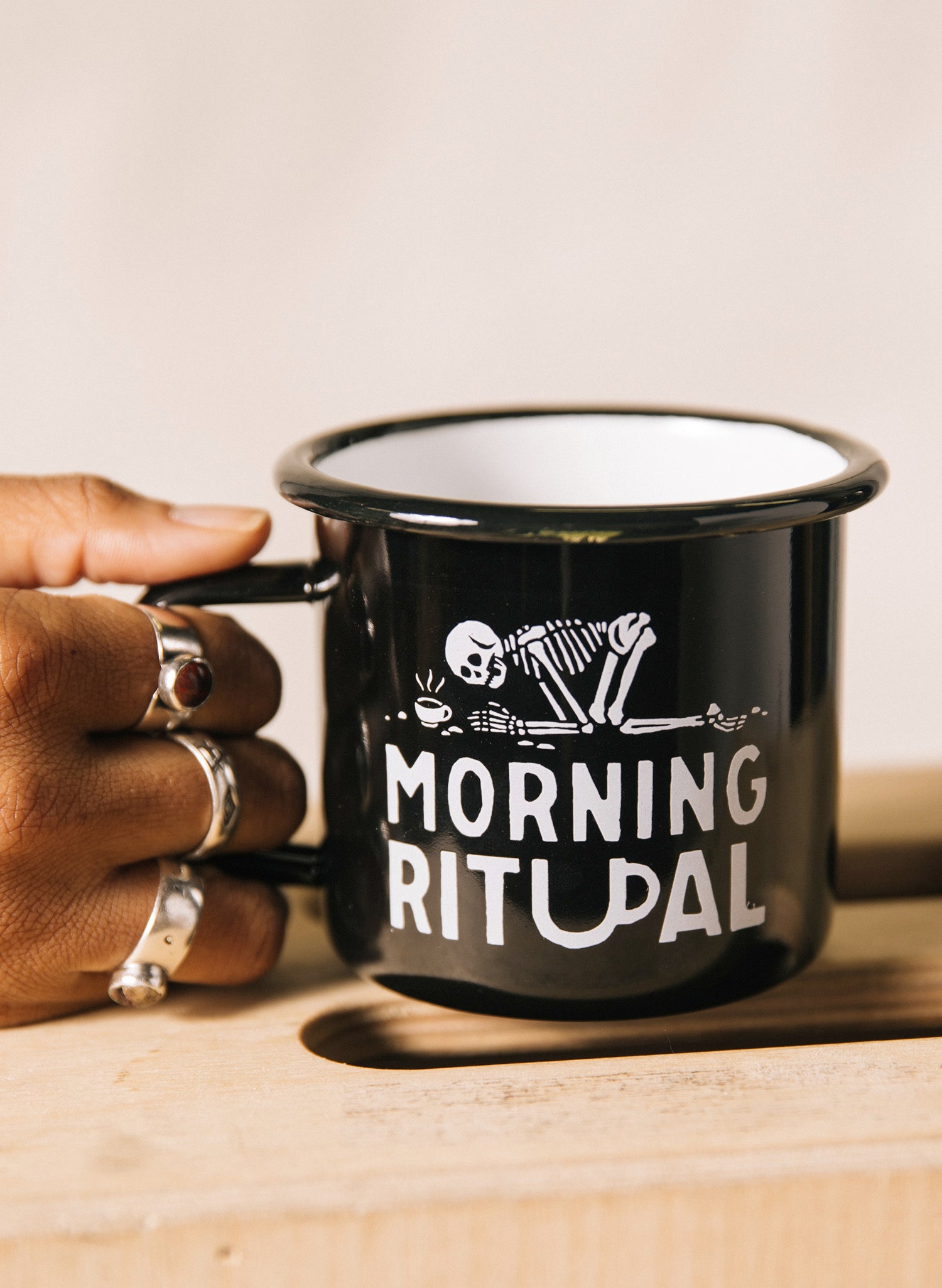 Morning Ritual Coffee Lover Gift Caffeine Skeleton Bones But First Coffee Enamel Camp Mug