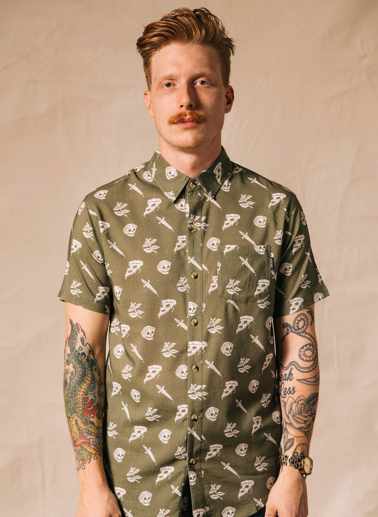men - Pyknic | Pizza Slayer Vacation Casual Button-Up Shirt | Button Down Shirt with All Over Graphic Print, Pizzeria Food Shirt, Cool Food Shirt, Best Foodie Shirt, Best Foodie Gift, Food Themed Apparel, Food Tattoo Flash, Pizza Pattern Button Down Shirt, Dagger Tattoo, Cool Button Up Shirts