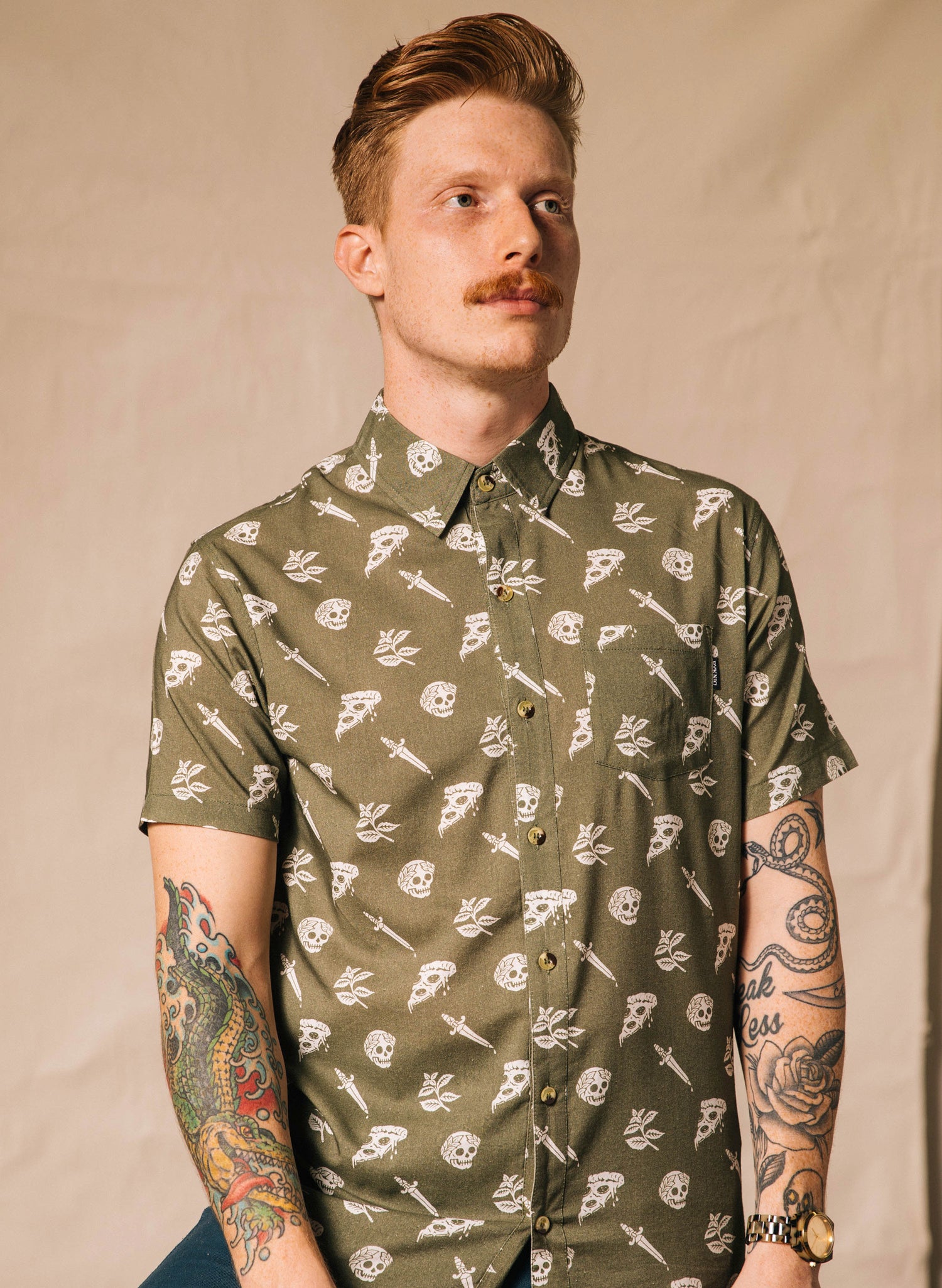Pyknic | Pizza Slayer Vacation Casual Button-Up Shirt | Button Down Shirt with All Over Graphic Print, Pizzeria Food Shirt, Cool Food Shirt, Best Foodie Shirt, Best Foodie Gift, Food Themed Apparel, Food Tattoo Flash, Pizza Pattern Button Down Shirt, Dagger Tattoo, Cool Button Up Shirts