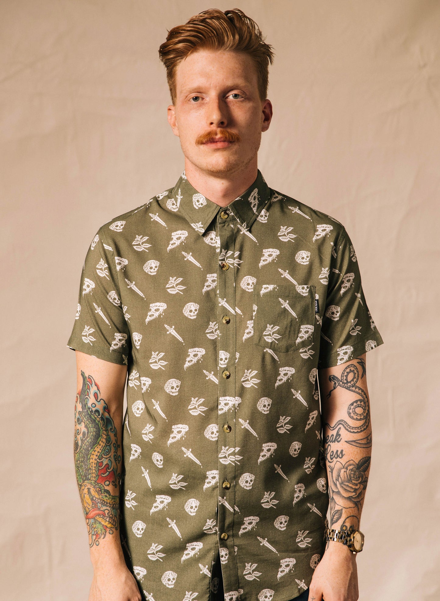 Pyknic | Pizza Slayer Vacation Casual Button-Up Shirt | Button Down Shirt with All Over Graphic Print, Pizzeria Food Shirt, Cool Food Shirt, Best Foodie Shirt, Best Foodie Gift, Food Themed Apparel, Food Tattoo Flash, Pizza Pattern Button Down Shirt, Dagger Tattoo, Cool Button Up Shirts